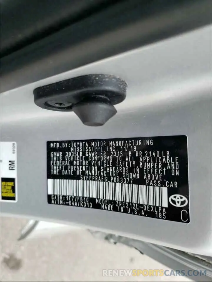 10 Photograph of a damaged car 5YFEPRAE6LP083377 TOYOTA COROLLA 2020