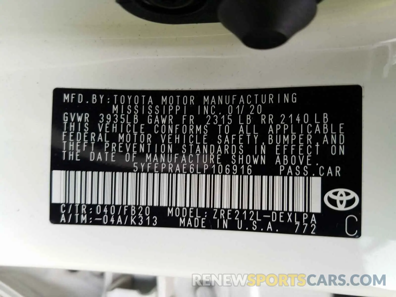 10 Photograph of a damaged car 5YFEPRAE6LP106916 TOYOTA COROLLA 2020