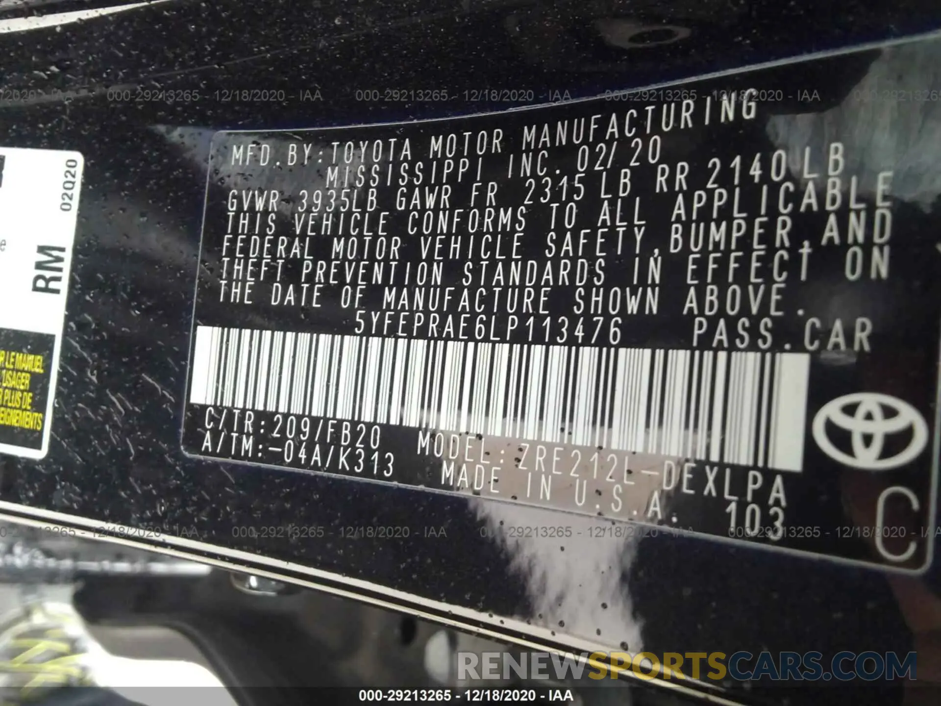 9 Photograph of a damaged car 5YFEPRAE6LP113476 TOYOTA COROLLA 2020