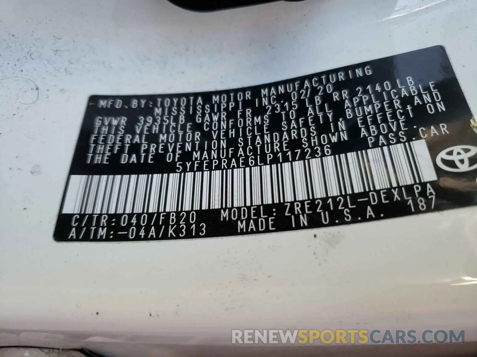 10 Photograph of a damaged car 5YFEPRAE6LP117236 TOYOTA COROLLA 2020