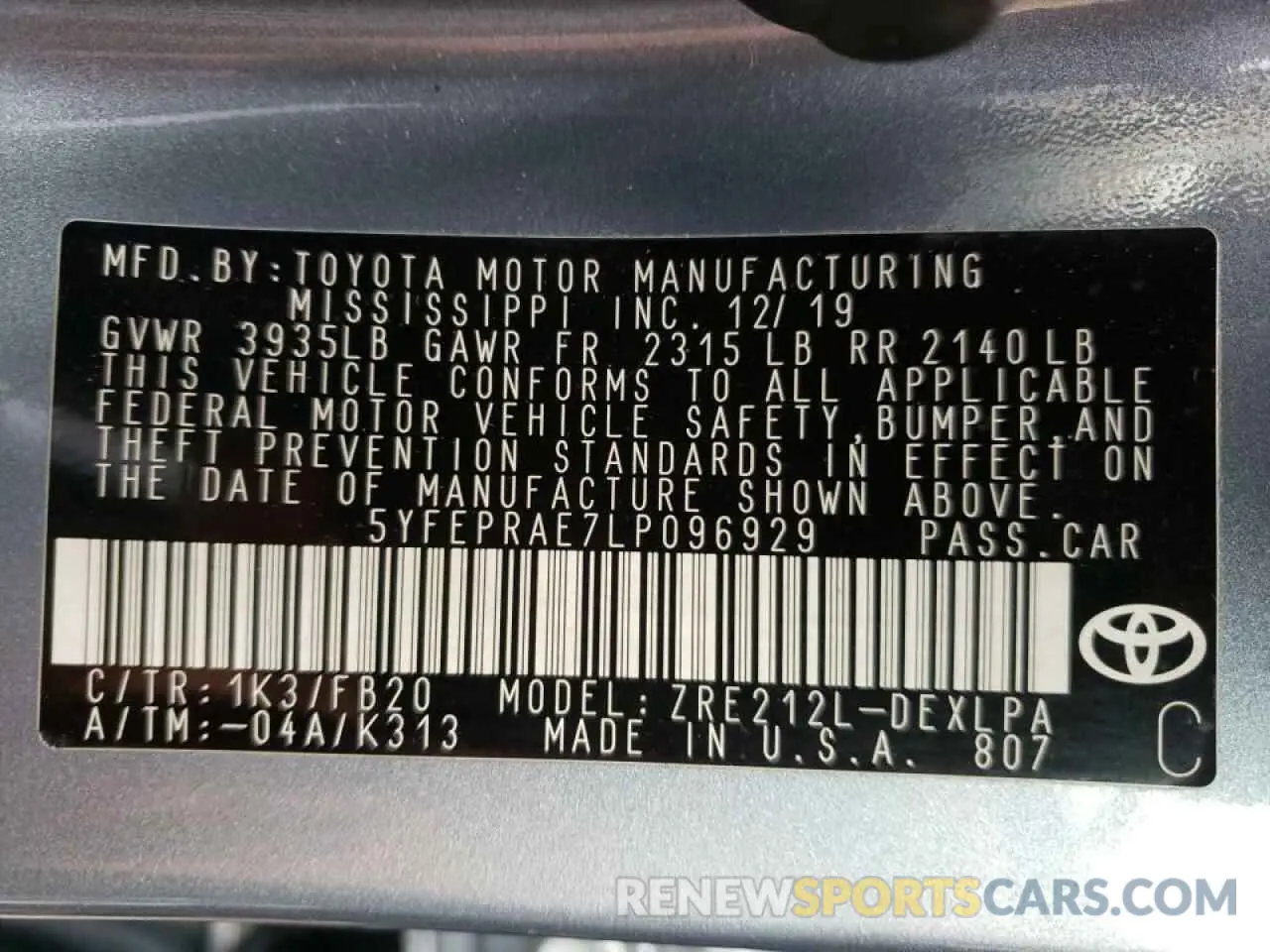 10 Photograph of a damaged car 5YFEPRAE7LP096929 TOYOTA COROLLA 2020