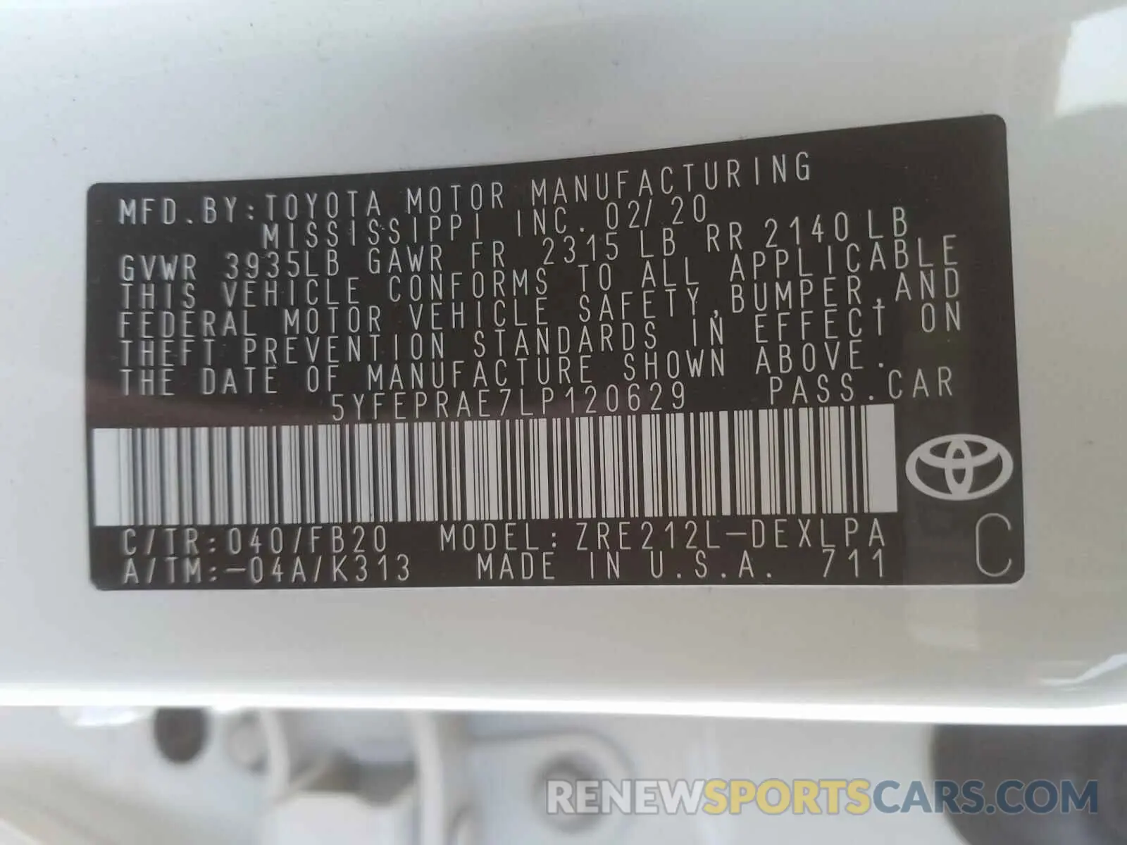 10 Photograph of a damaged car 5YFEPRAE7LP120629 TOYOTA COROLLA 2020