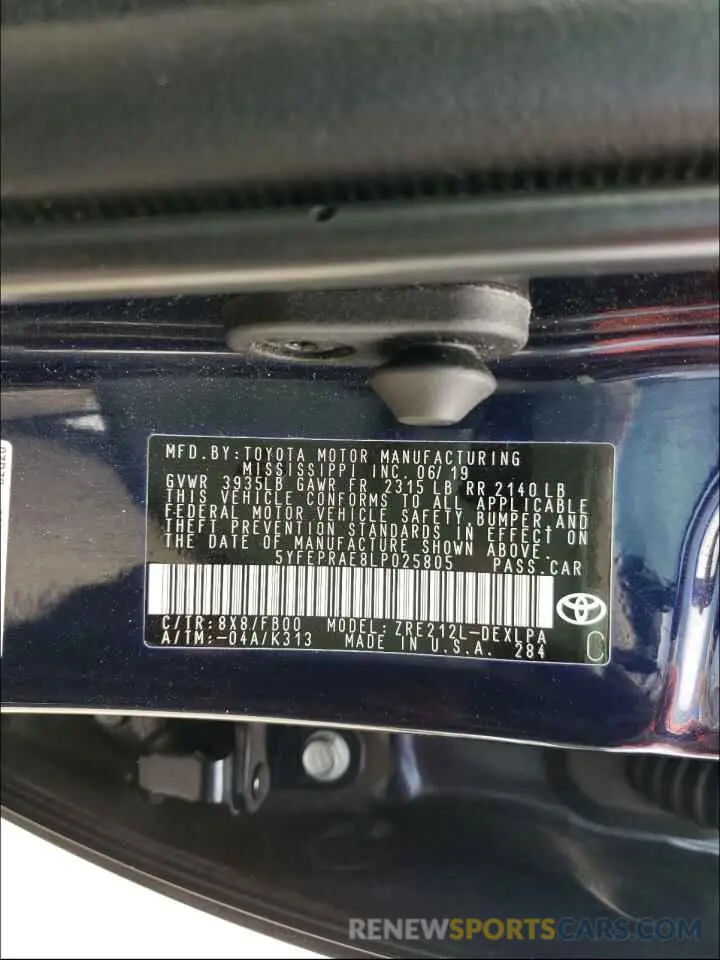 10 Photograph of a damaged car 5YFEPRAE8LP025805 TOYOTA COROLLA 2020