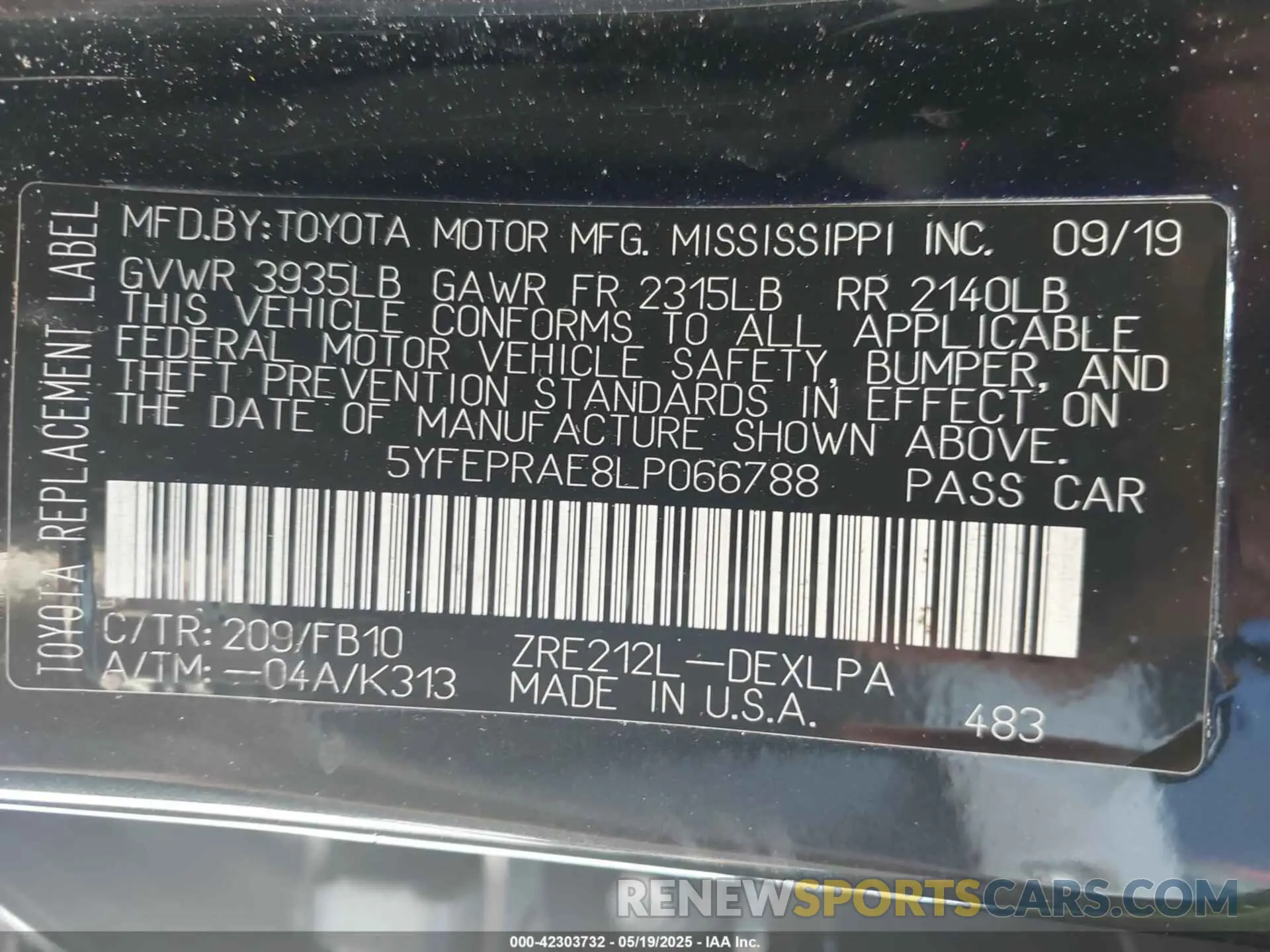 9 Фотография поврежденного автомобиля 5YFEPRAE8LP066788 TOYOTA COROLLA 2020