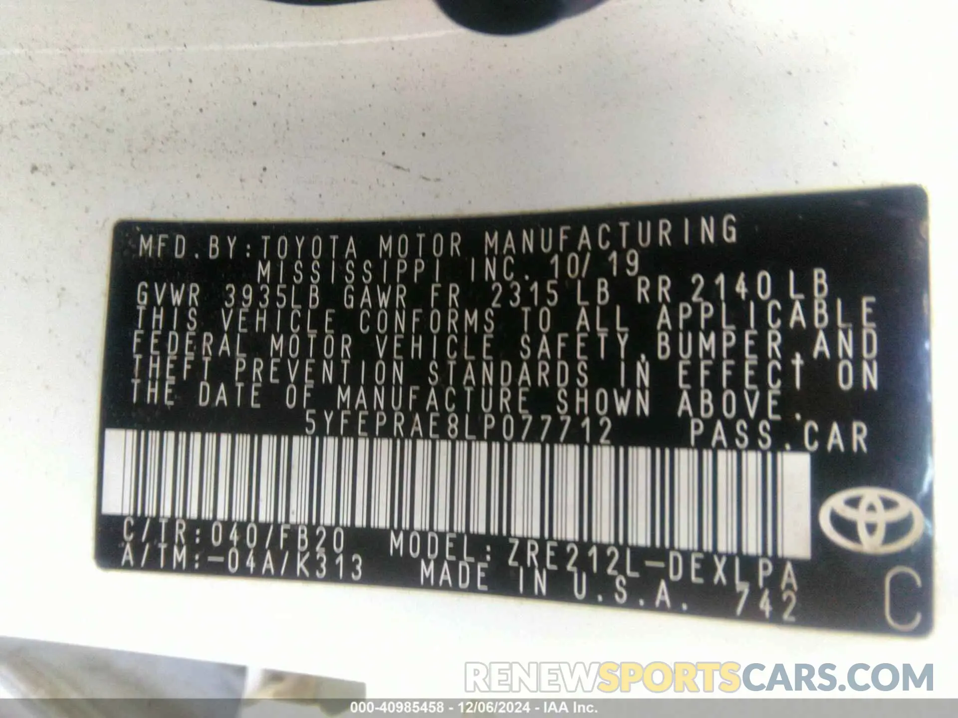 9 Фотография поврежденного автомобиля 5YFEPRAE8LP077712 TOYOTA COROLLA 2020