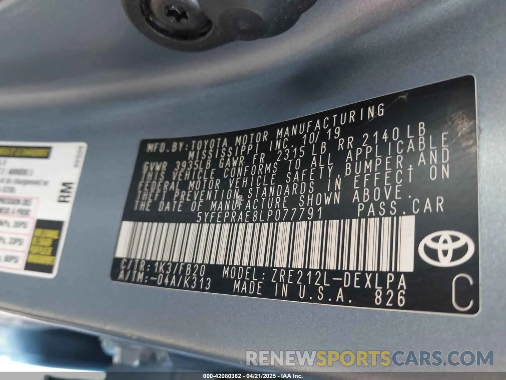 9 Фотография поврежденного автомобиля 5YFEPRAE8LP077791 TOYOTA COROLLA 2020