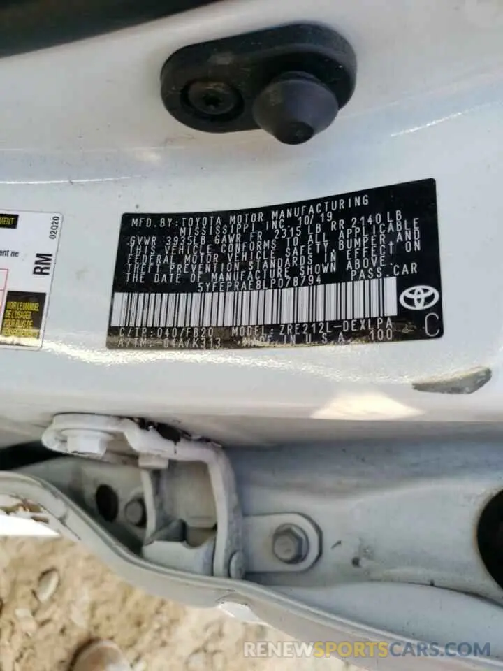 10 Фотография поврежденного автомобиля 5YFEPRAE8LP078794 TOYOTA COROLLA 2020