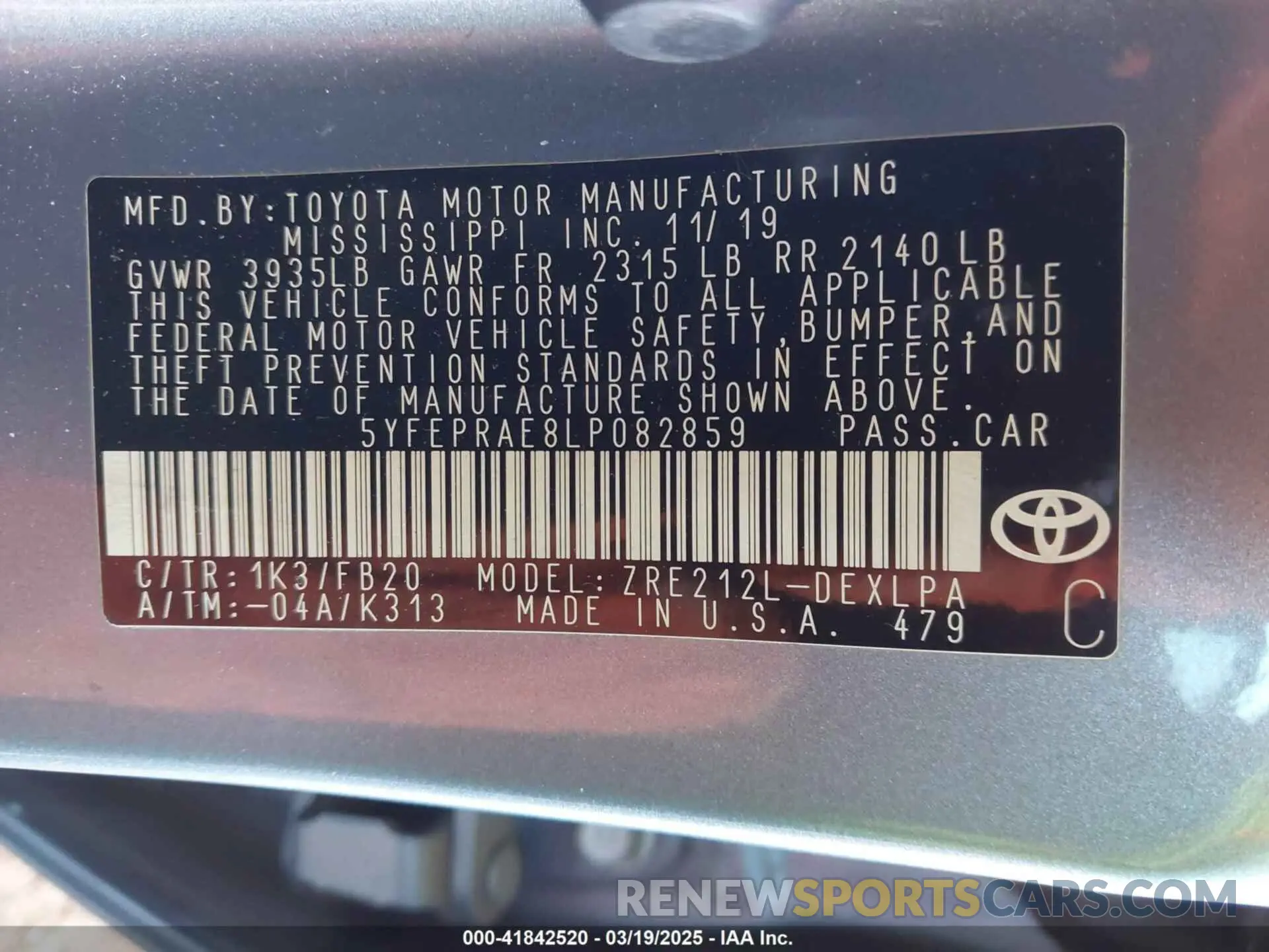 9 Фотография поврежденного автомобиля 5YFEPRAE8LP082859 TOYOTA COROLLA 2020