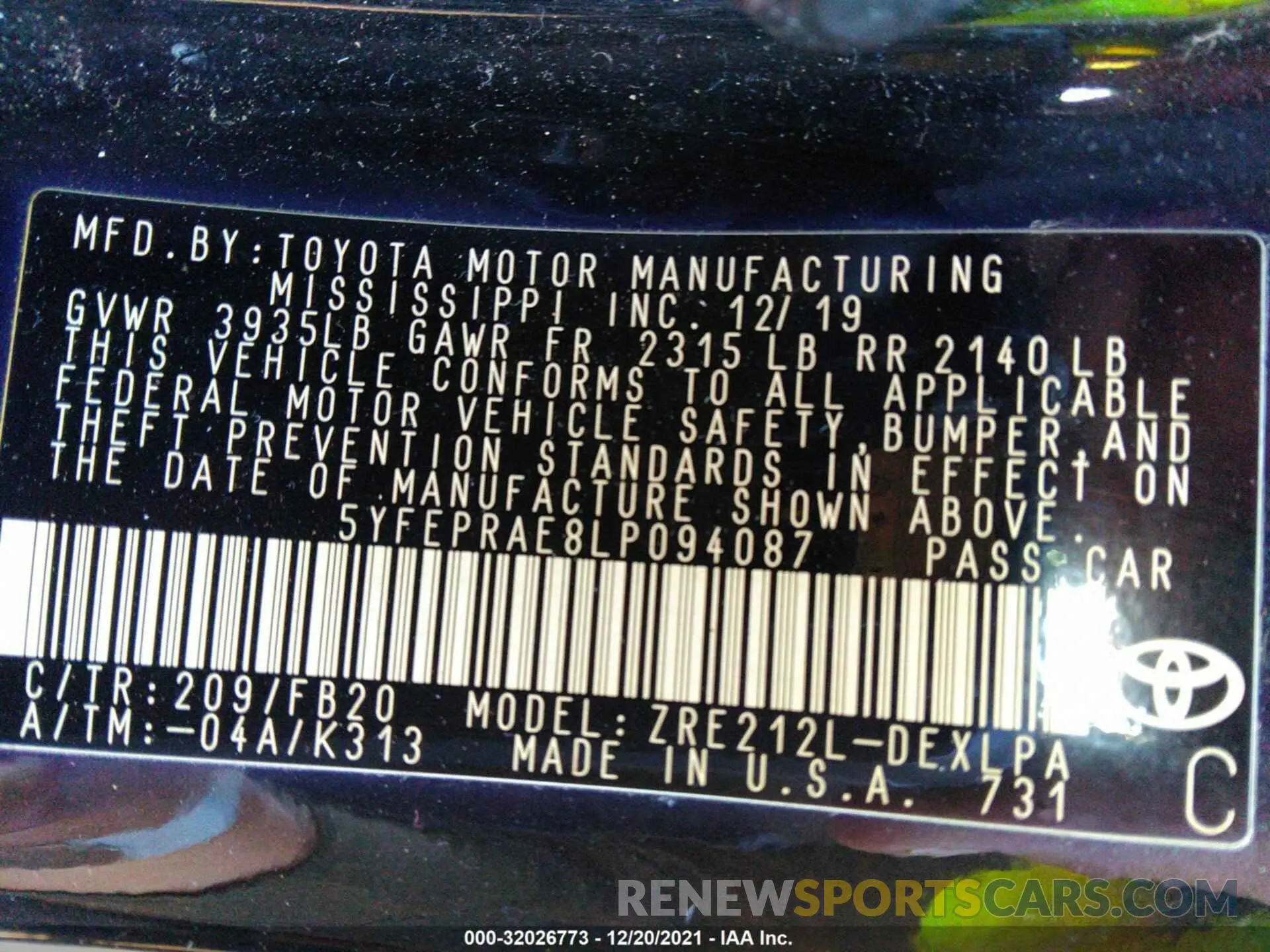 9 Фотография поврежденного автомобиля 5YFEPRAE8LP094087 TOYOTA COROLLA 2020