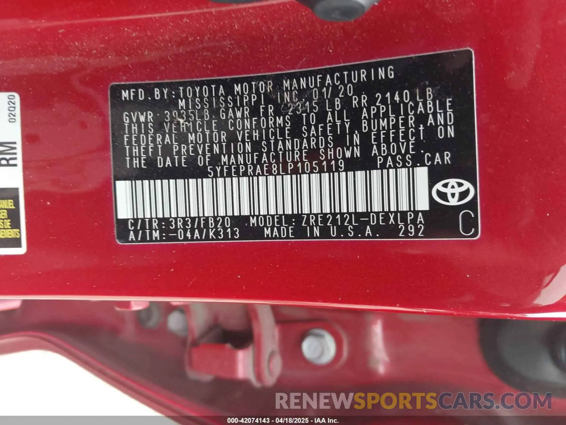 9 Фотография поврежденного автомобиля 5YFEPRAE8LP105119 TOYOTA COROLLA 2020