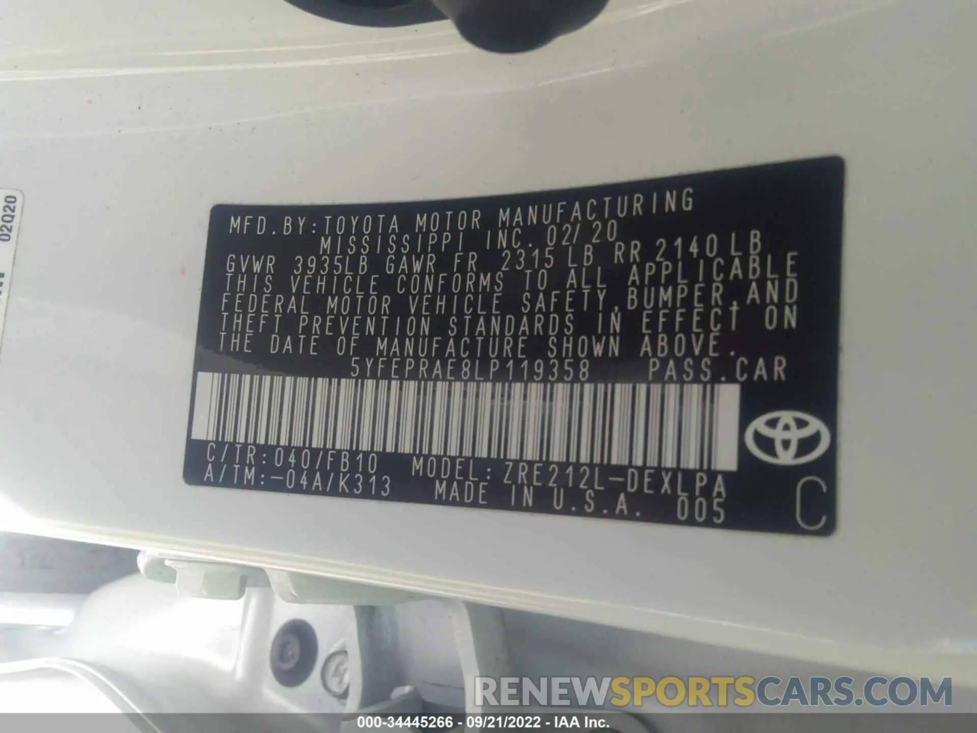 9 Photograph of a damaged car 5YFEPRAE8LP119358 TOYOTA COROLLA 2020