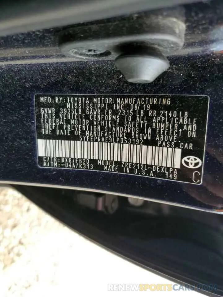 10 Photograph of a damaged car 5YFEPRAE9LP053192 TOYOTA COROLLA 2020