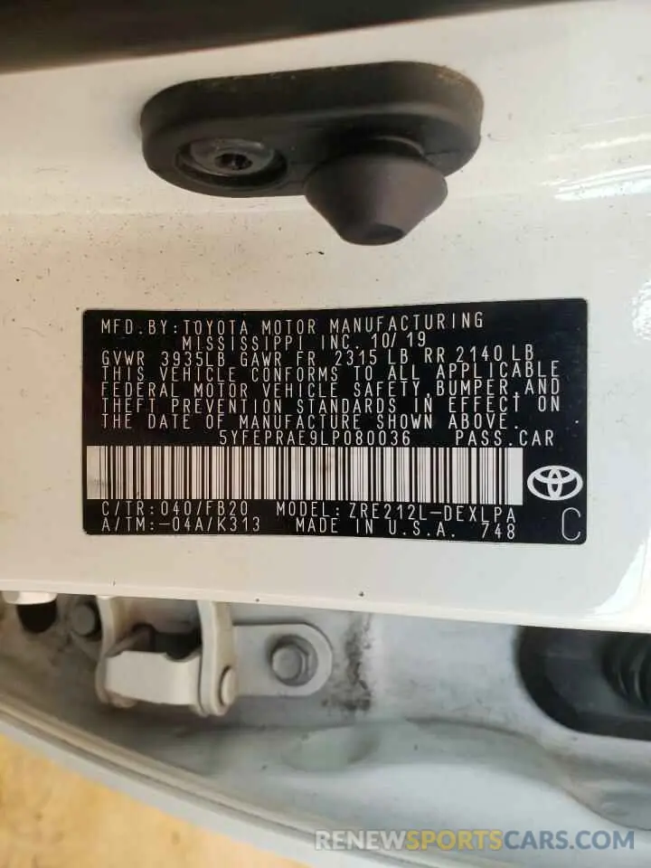 10 Photograph of a damaged car 5YFEPRAE9LP080036 TOYOTA COROLLA 2020