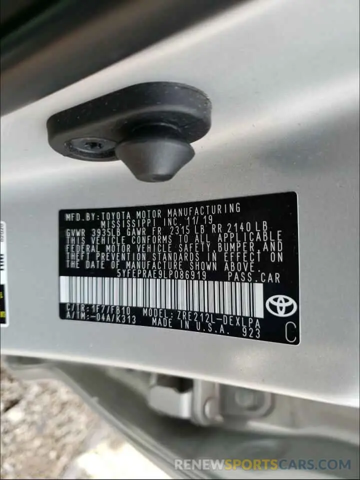 10 Photograph of a damaged car 5YFEPRAE9LP086919 TOYOTA COROLLA 2020