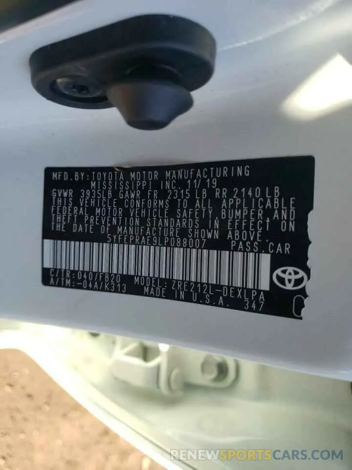 10 Photograph of a damaged car 5YFEPRAE9LP088007 TOYOTA COROLLA 2020