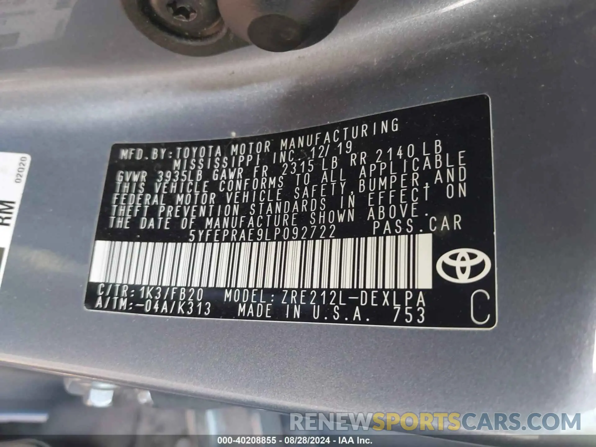 9 Photograph of a damaged car 5YFEPRAE9LP092722 TOYOTA COROLLA 2020