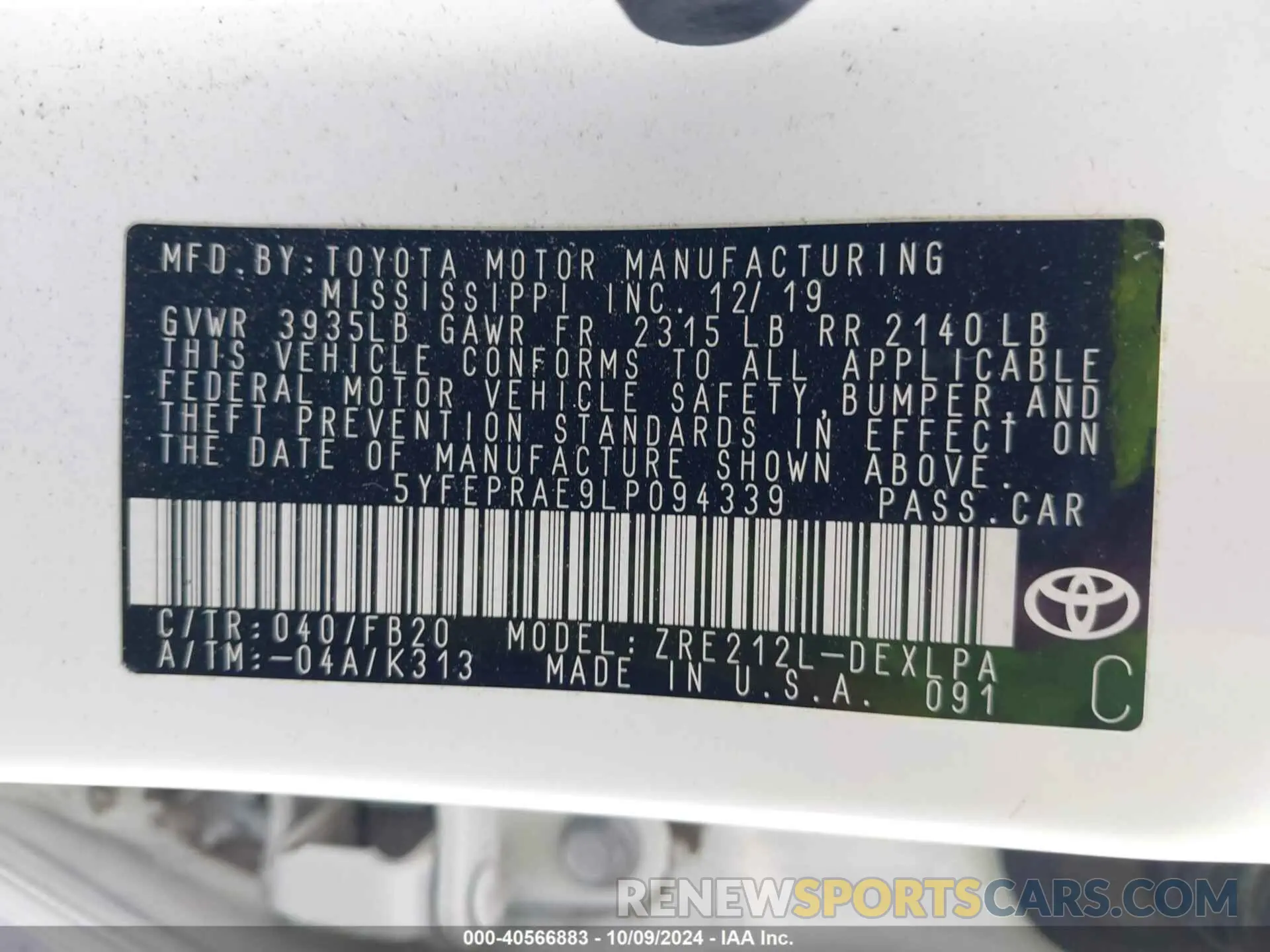 9 Фотография поврежденного автомобиля 5YFEPRAE9LP094339 TOYOTA COROLLA 2020