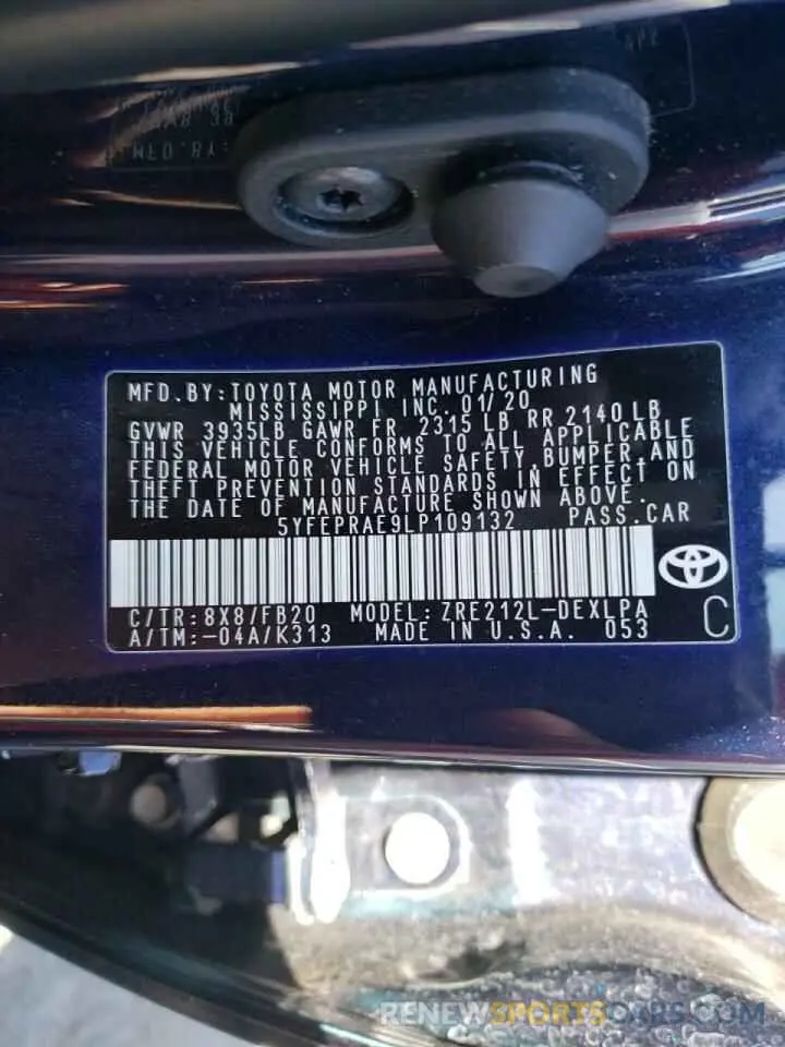 10 Photograph of a damaged car 5YFEPRAE9LP109132 TOYOTA COROLLA 2020