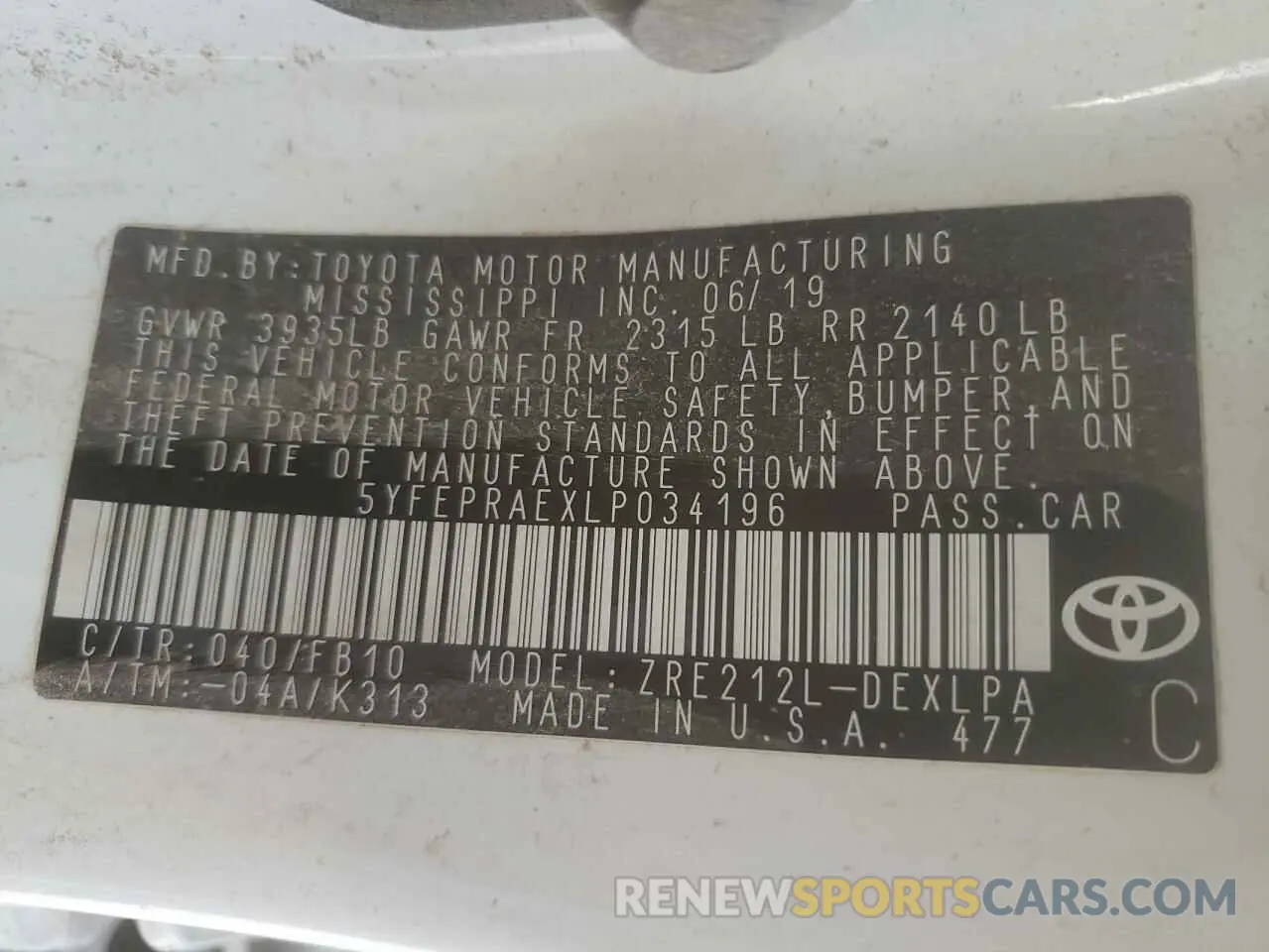10 Photograph of a damaged car 5YFEPRAEXLP034196 TOYOTA COROLLA 2020