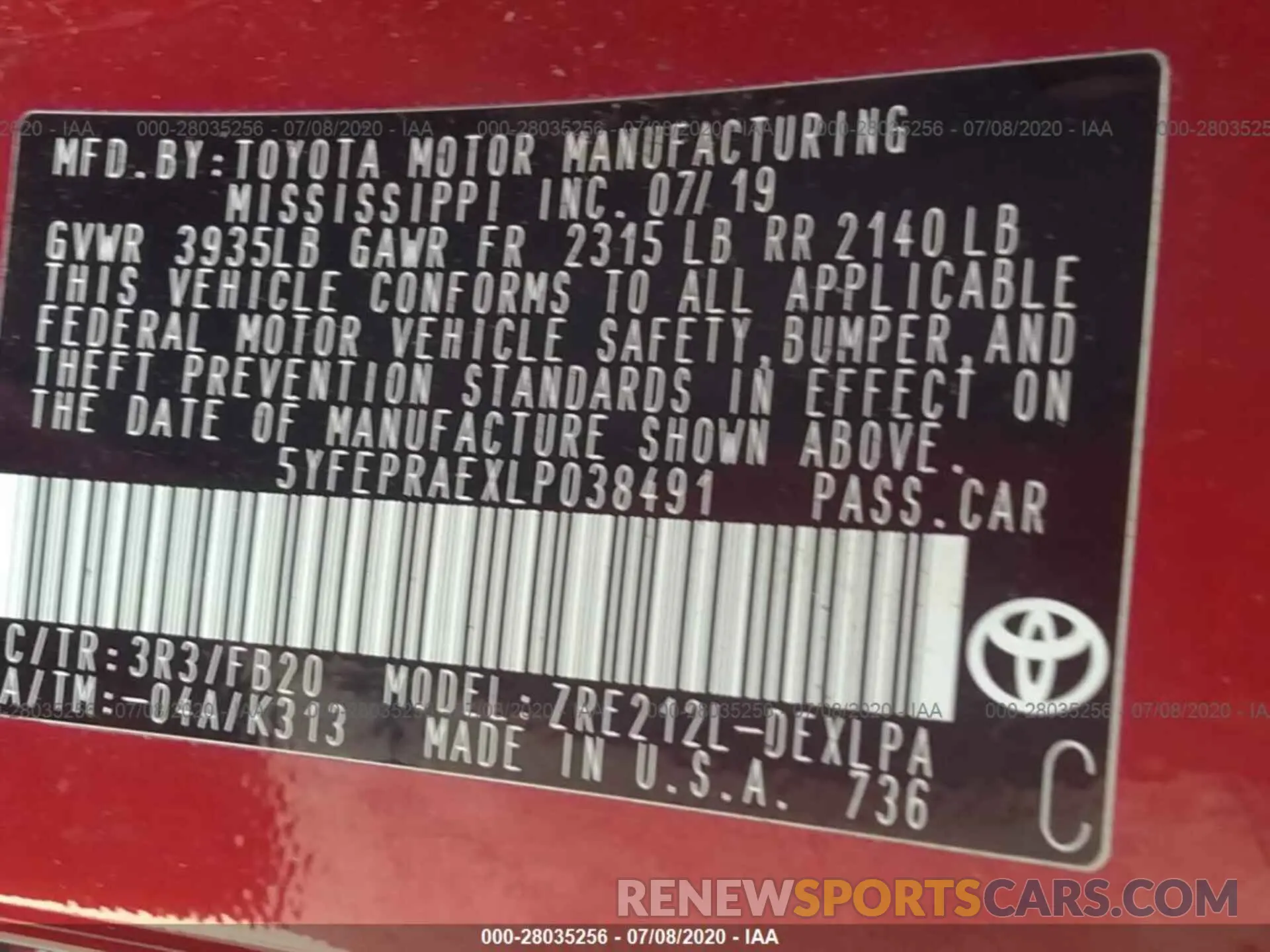 9 Photograph of a damaged car 5YFEPRAEXLP038491 TOYOTA COROLLA 2020