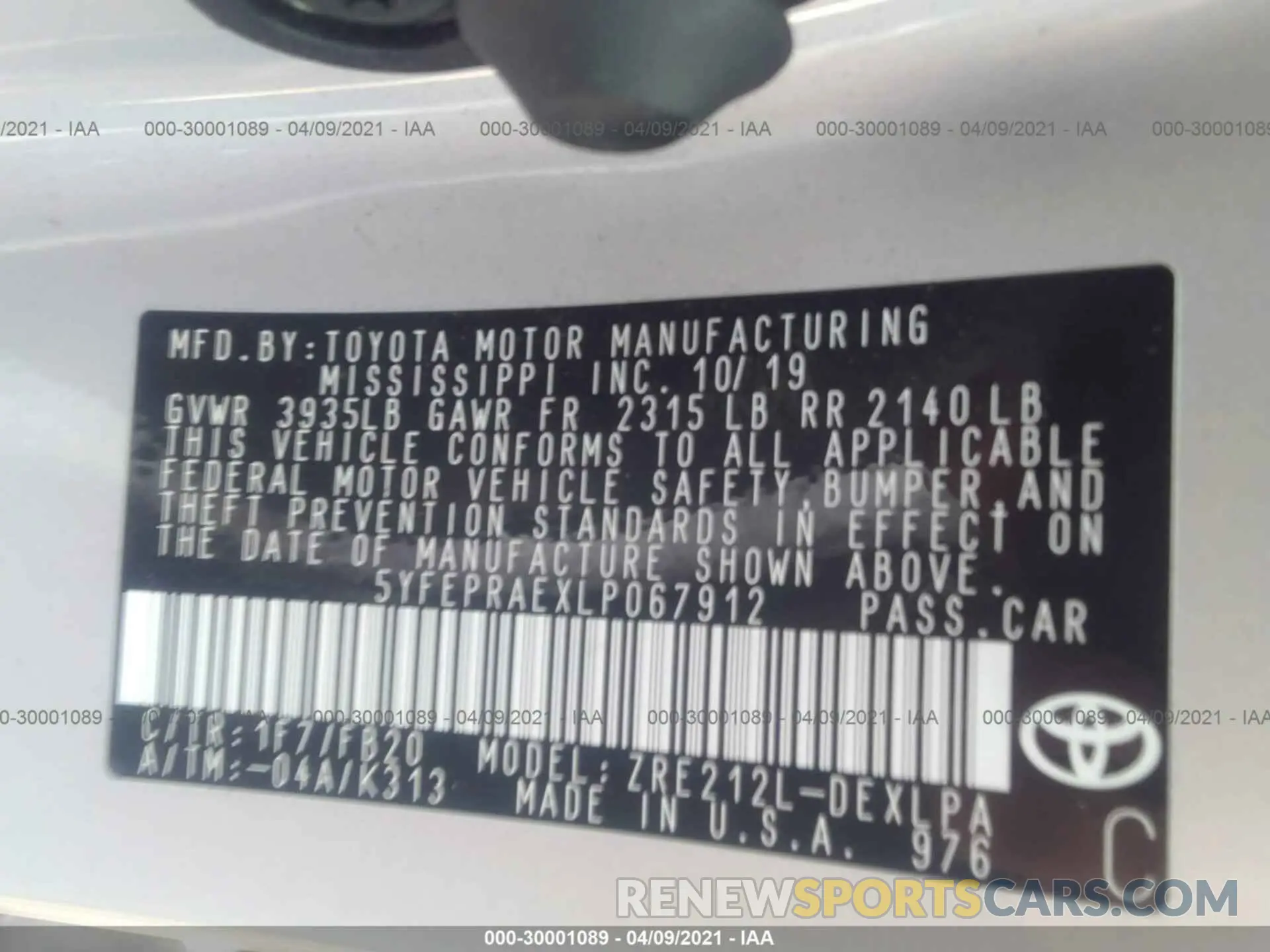 9 Photograph of a damaged car 5YFEPRAEXLP067912 TOYOTA COROLLA 2020