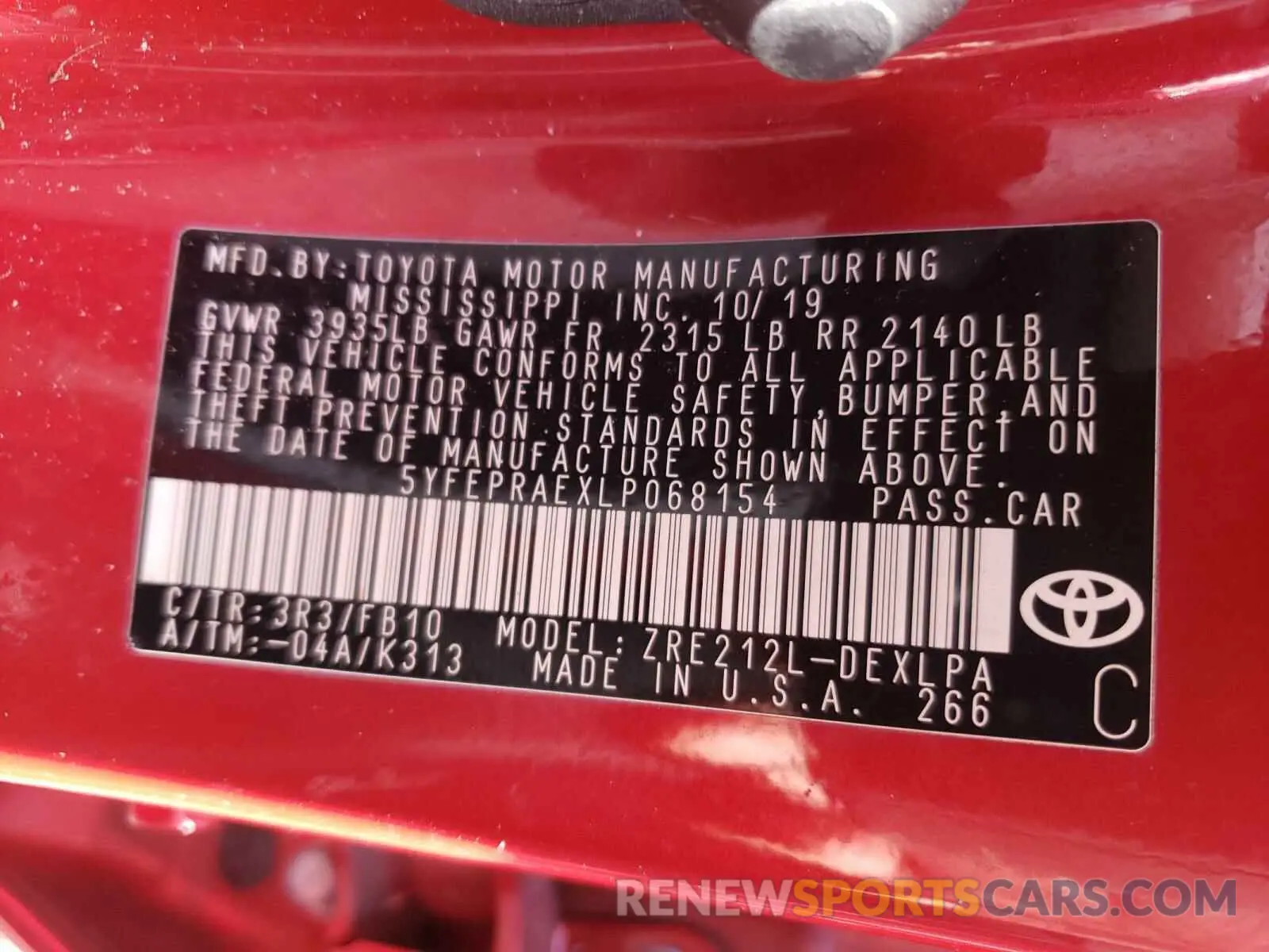10 Photograph of a damaged car 5YFEPRAEXLP068154 TOYOTA COROLLA 2020