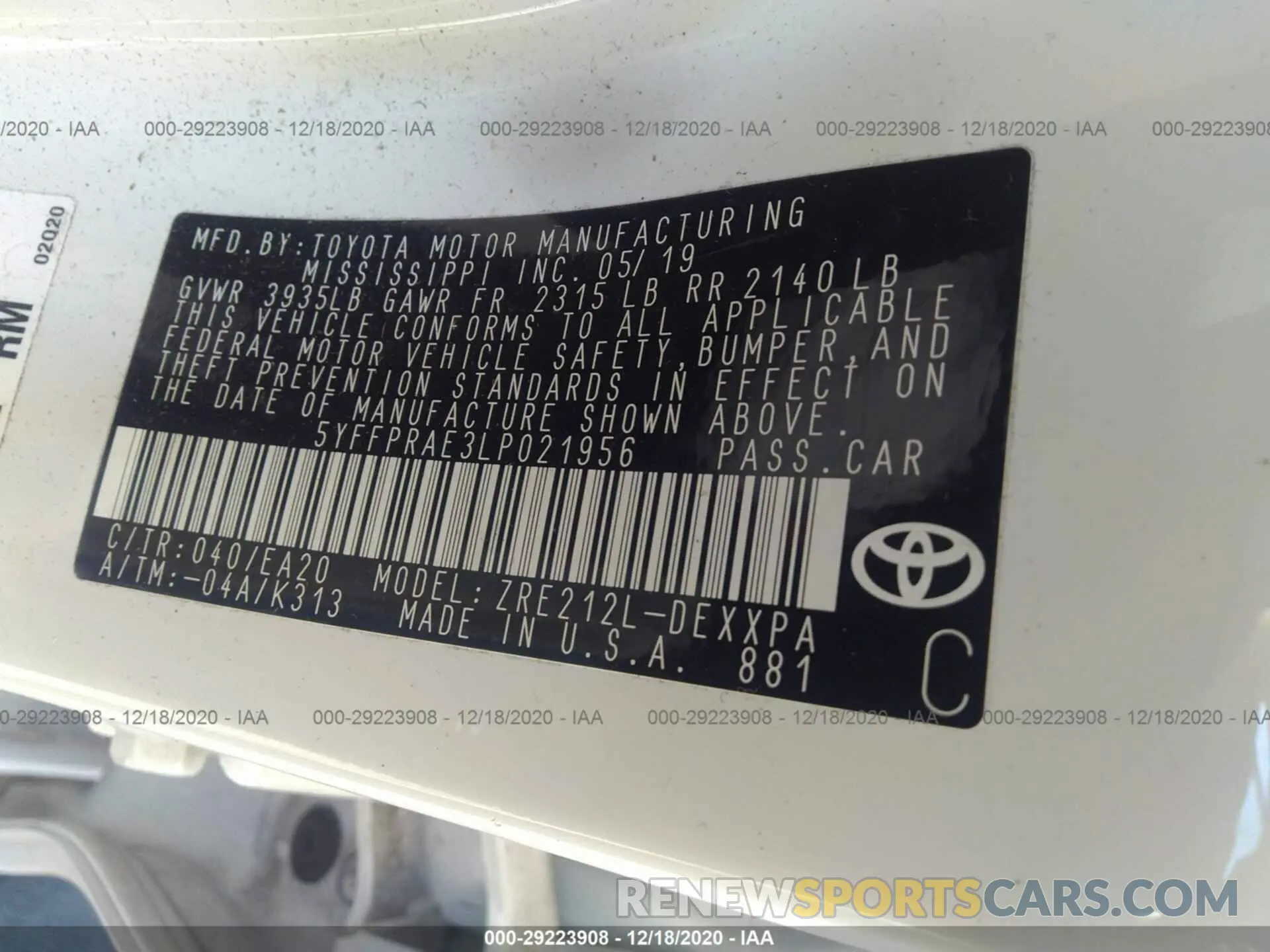 9 Photograph of a damaged car 5YFFPRAE3LP021956 TOYOTA COROLLA 2020