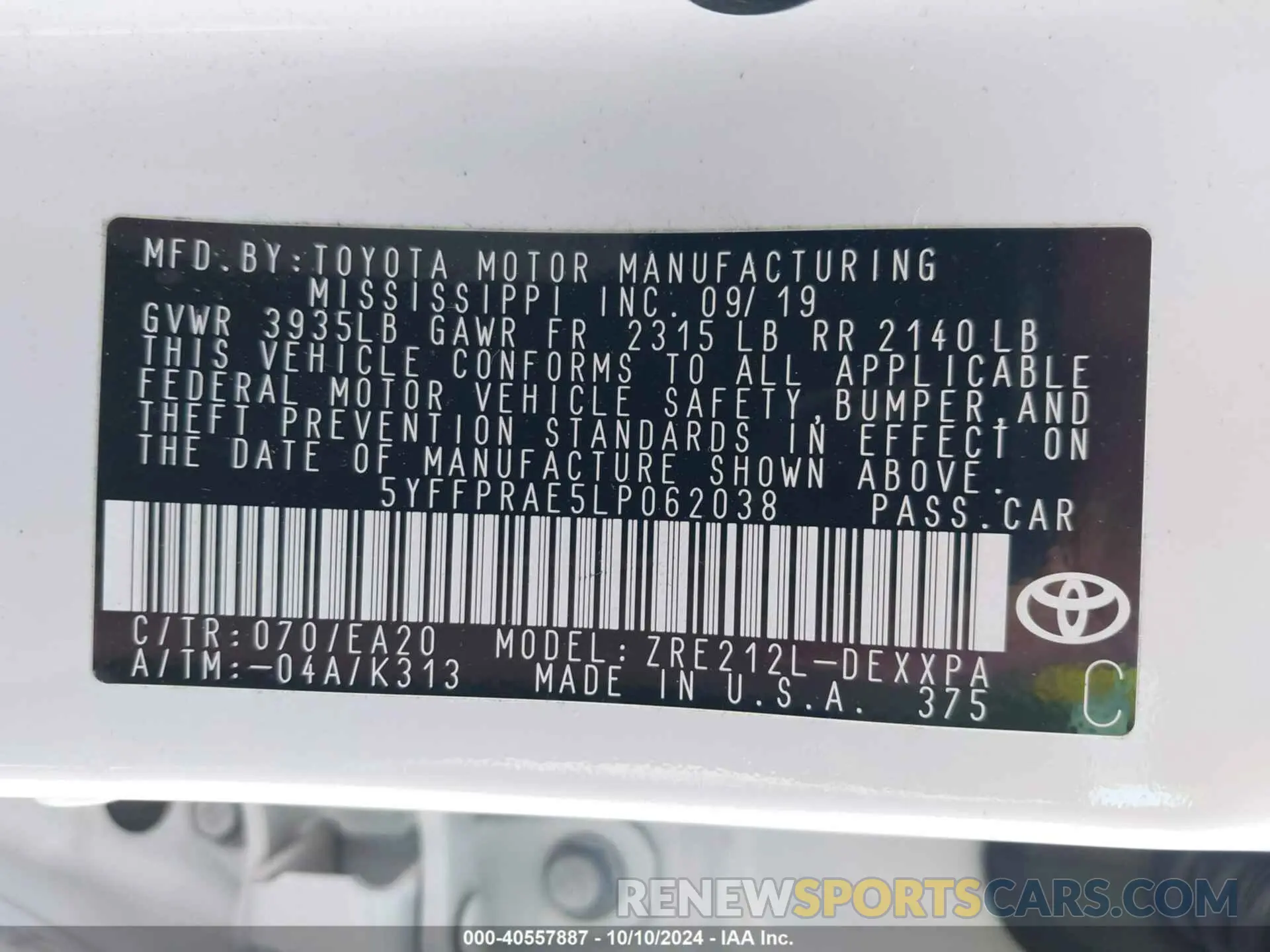 9 Фотография поврежденного автомобиля 5YFFPRAE5LP062038 TOYOTA COROLLA 2020