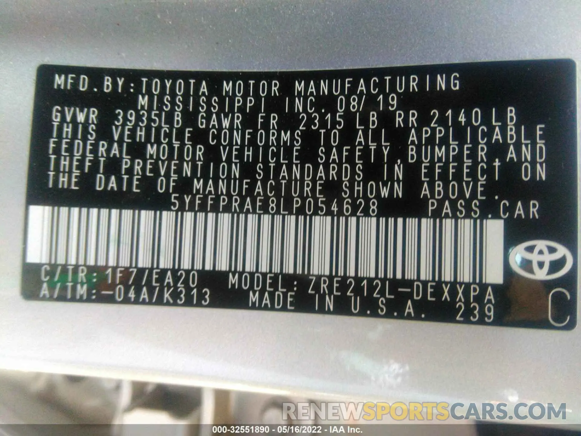 9 Фотография поврежденного автомобиля 5YFFPRAE8LP054628 TOYOTA COROLLA 2020
