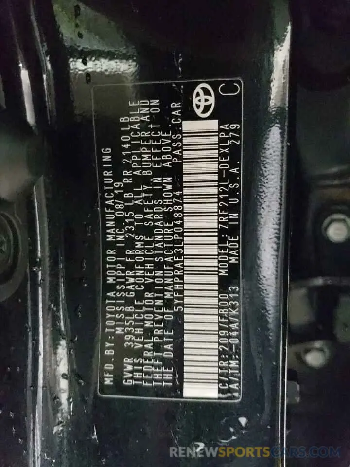 12 Фотография поврежденного автомобиля 5YFHPRAE3LP048874 TOYOTA COROLLA 2020