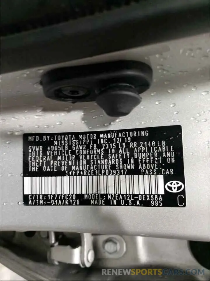 10 Photograph of a damaged car 5YFP4RCE1LP039317 TOYOTA COROLLA 2020
