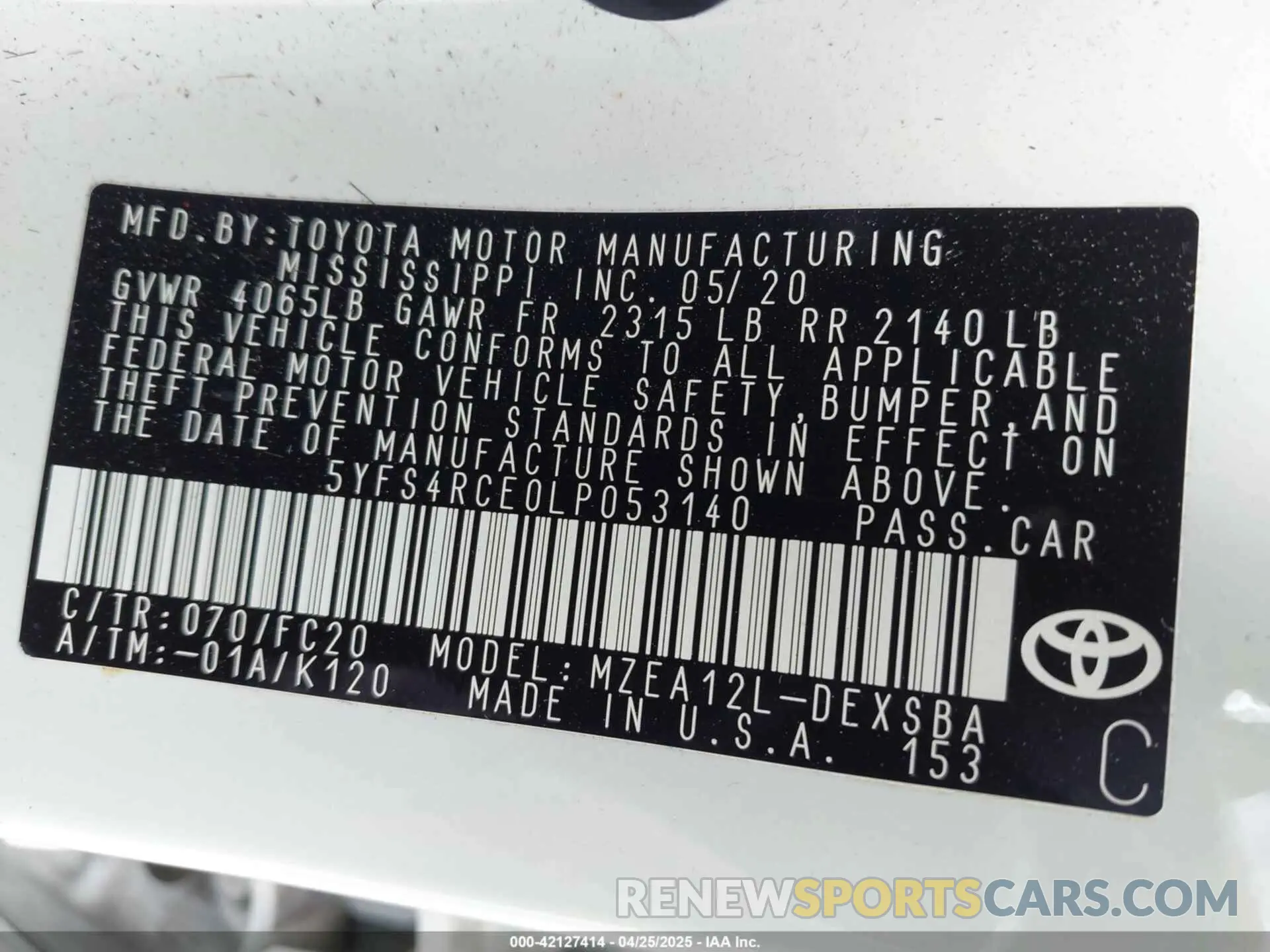 9 Photograph of a damaged car 5YFS4RCE0LP053140 TOYOTA COROLLA 2020