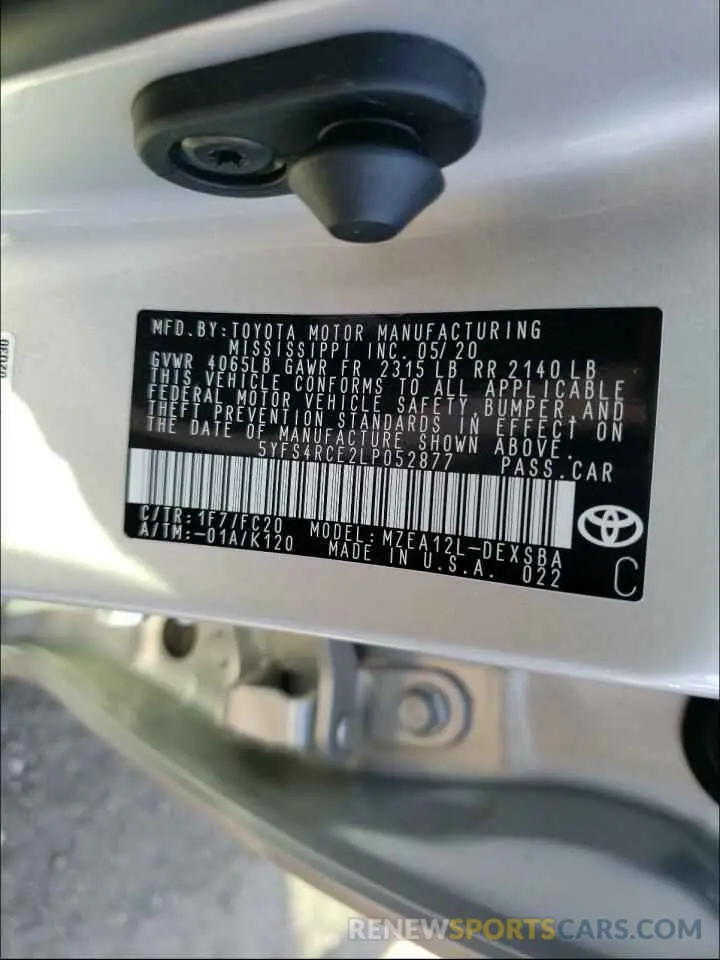 10 Photograph of a damaged car 5YFS4RCE2LP052877 TOYOTA COROLLA 2020