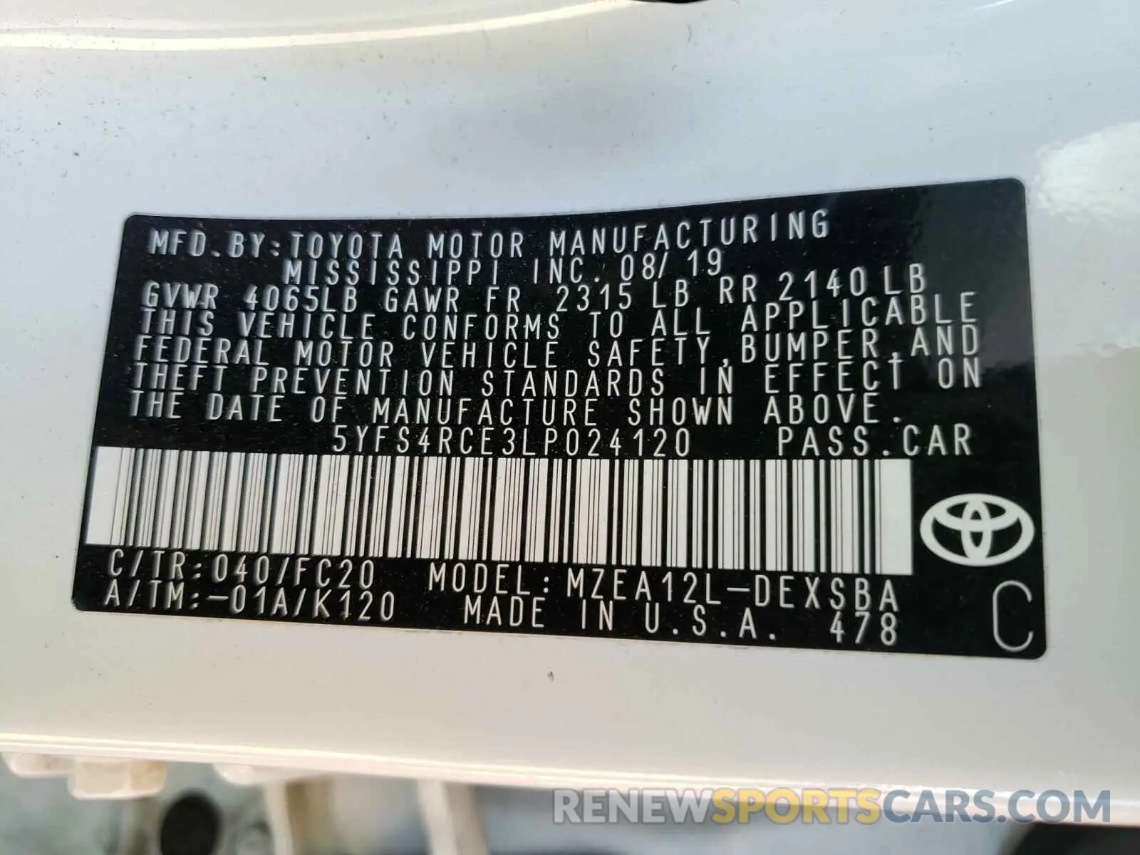 10 Photograph of a damaged car 5YFS4RCE3LP024120 TOYOTA COROLLA 2020