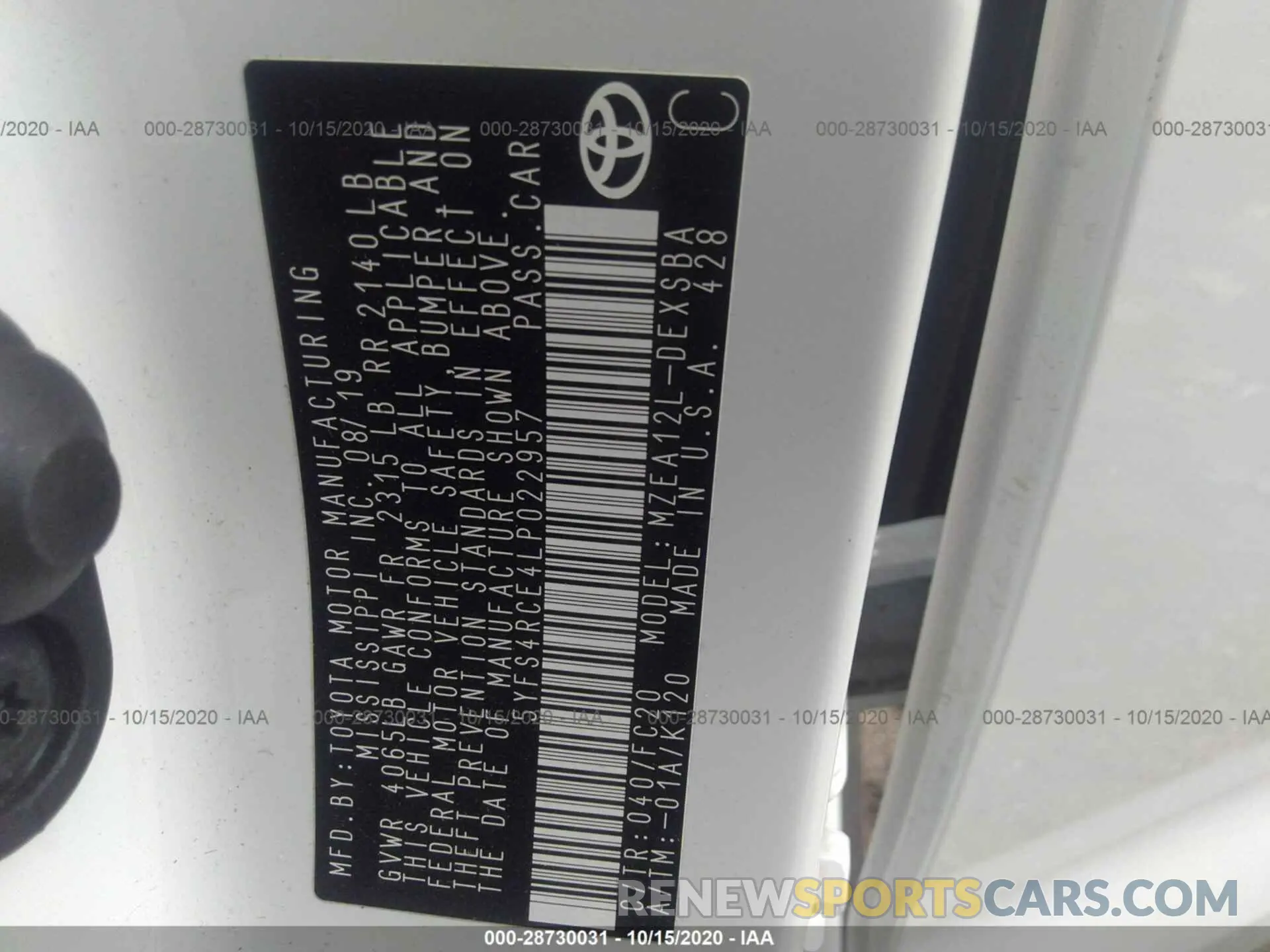 9 Photograph of a damaged car 5YFS4RCE4LP022957 TOYOTA COROLLA 2020