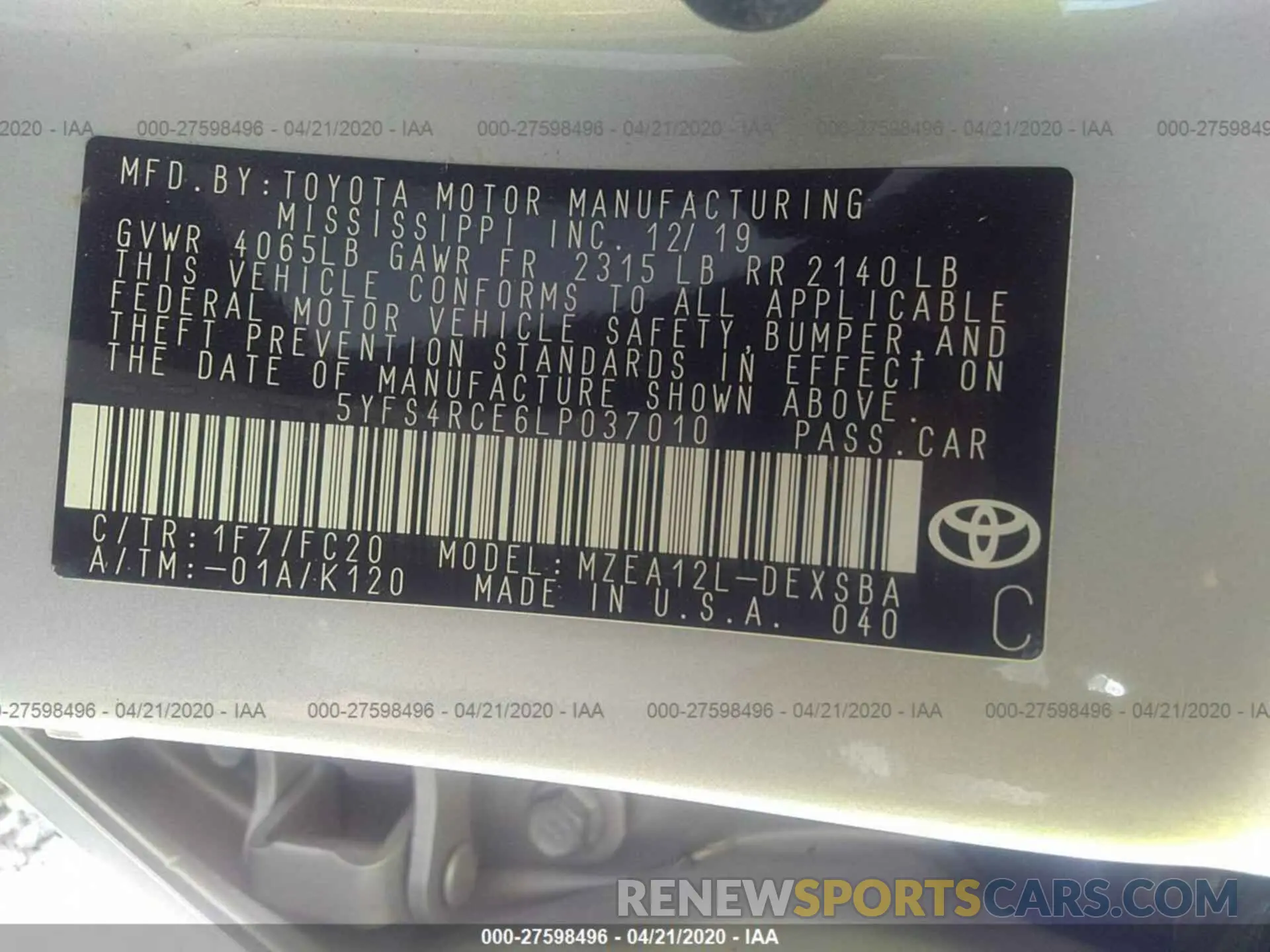 9 Photograph of a damaged car 5YFS4RCE6LP037010 TOYOTA COROLLA 2020