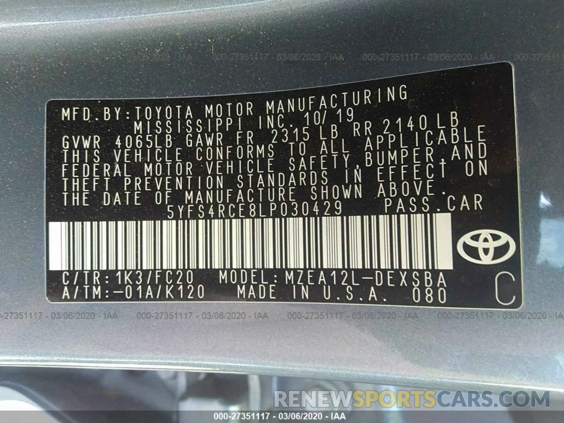 9 Photograph of a damaged car 5YFS4RCE8LP030429 TOYOTA COROLLA 2020
