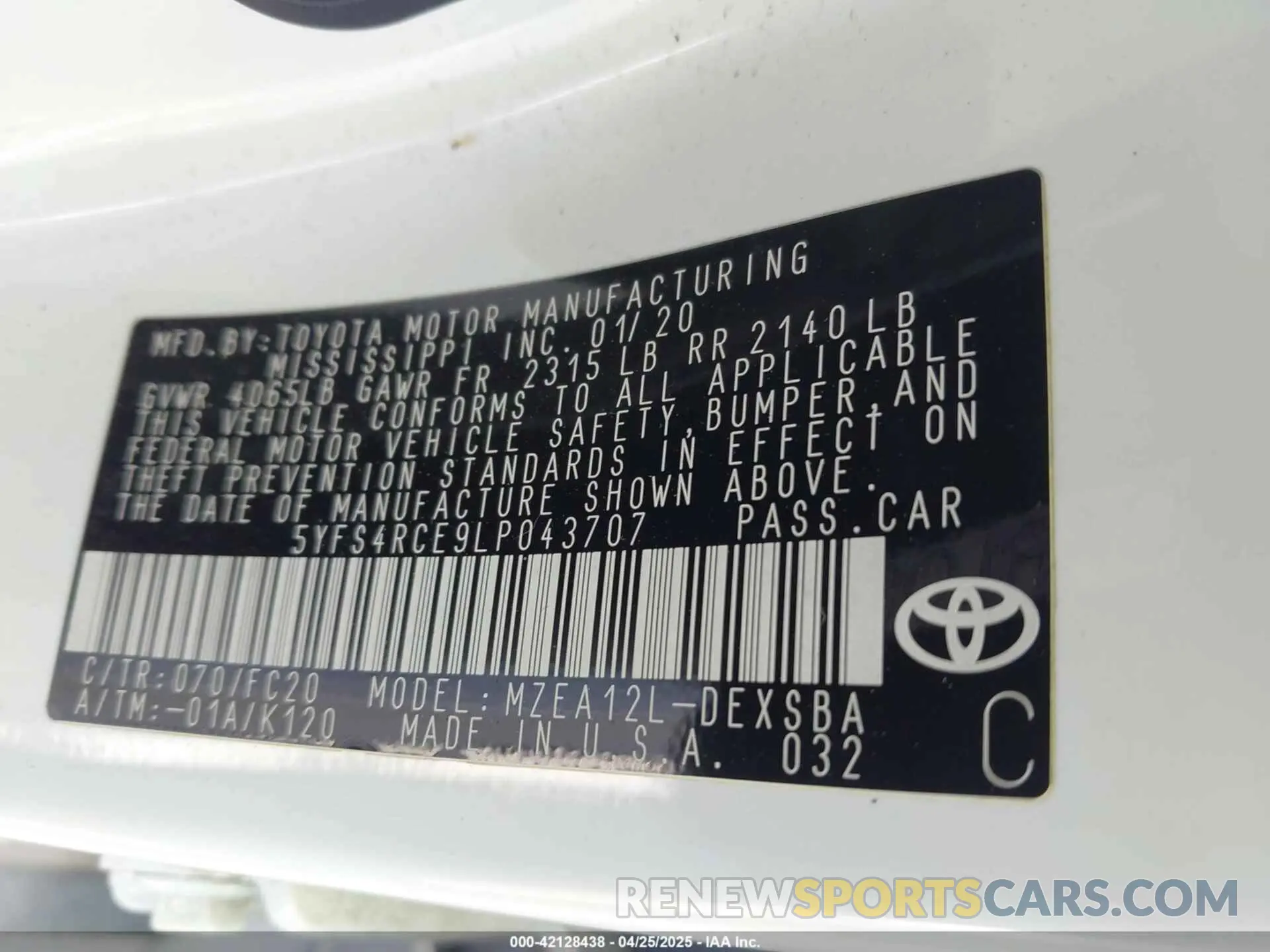 9 Фотография поврежденного автомобиля 5YFS4RCE9LP043707 TOYOTA COROLLA 2020