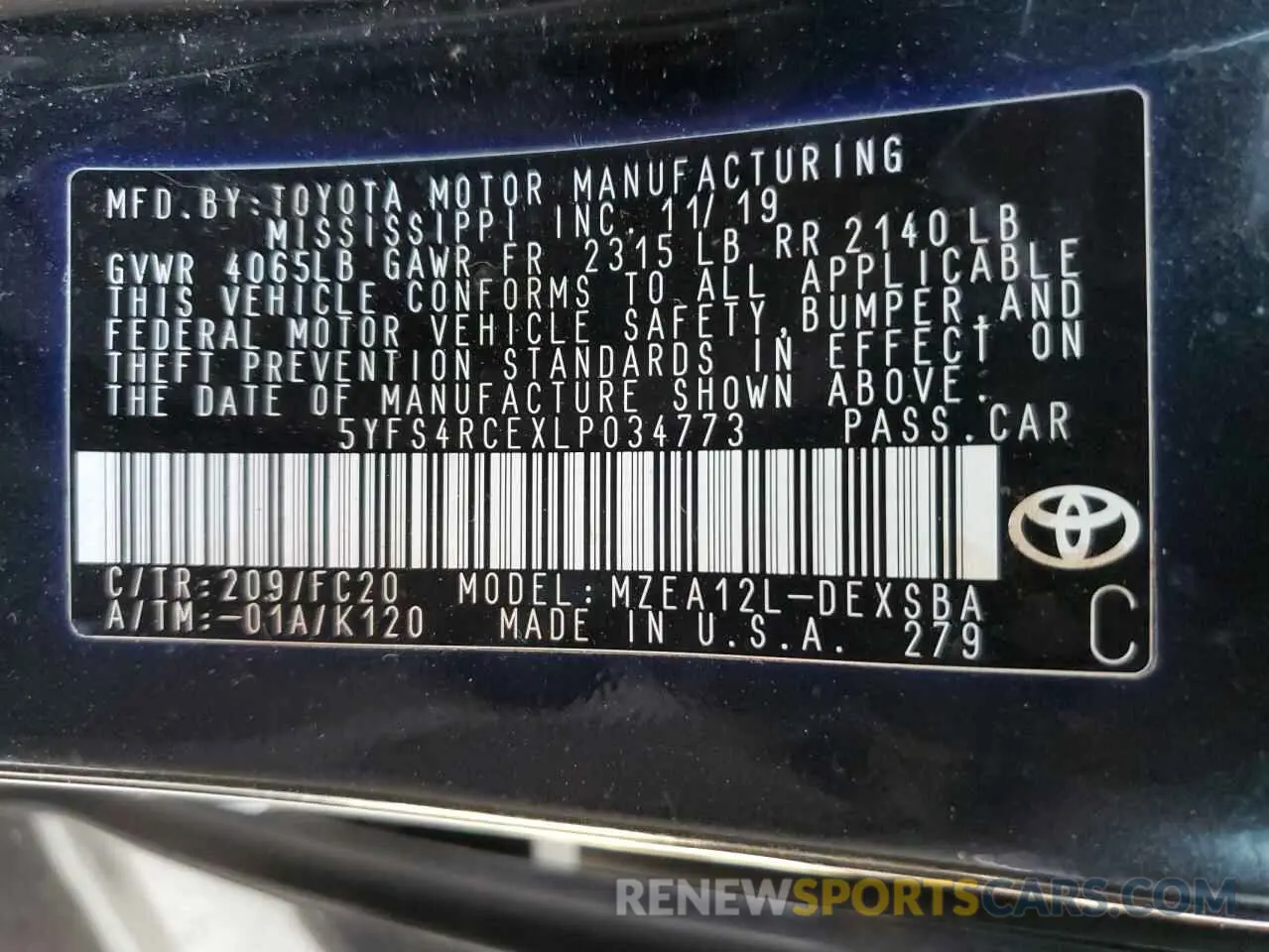 13 Photograph of a damaged car 5YFS4RCEXLP034773 TOYOTA COROLLA 2020
