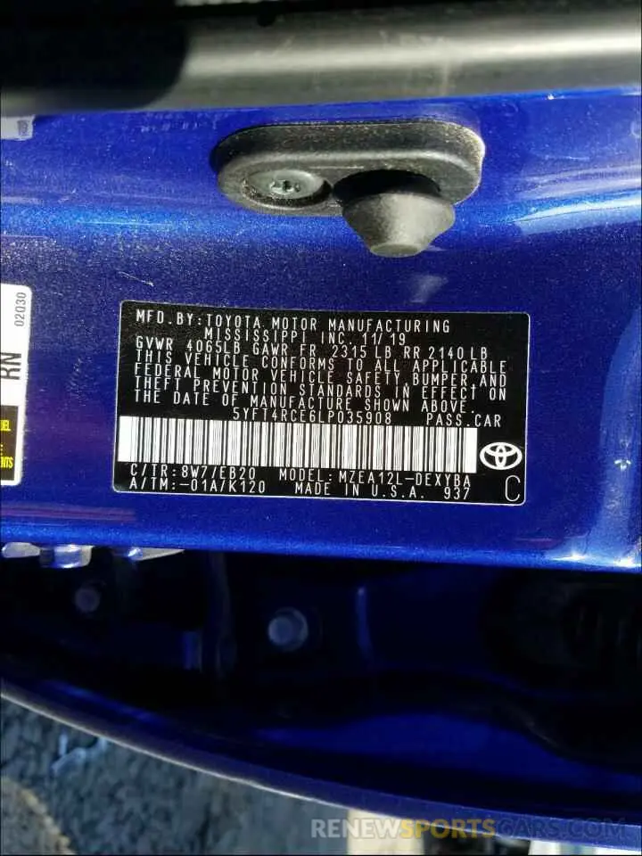 10 Photograph of a damaged car 5YFT4RCE6LP035908 TOYOTA COROLLA 2020