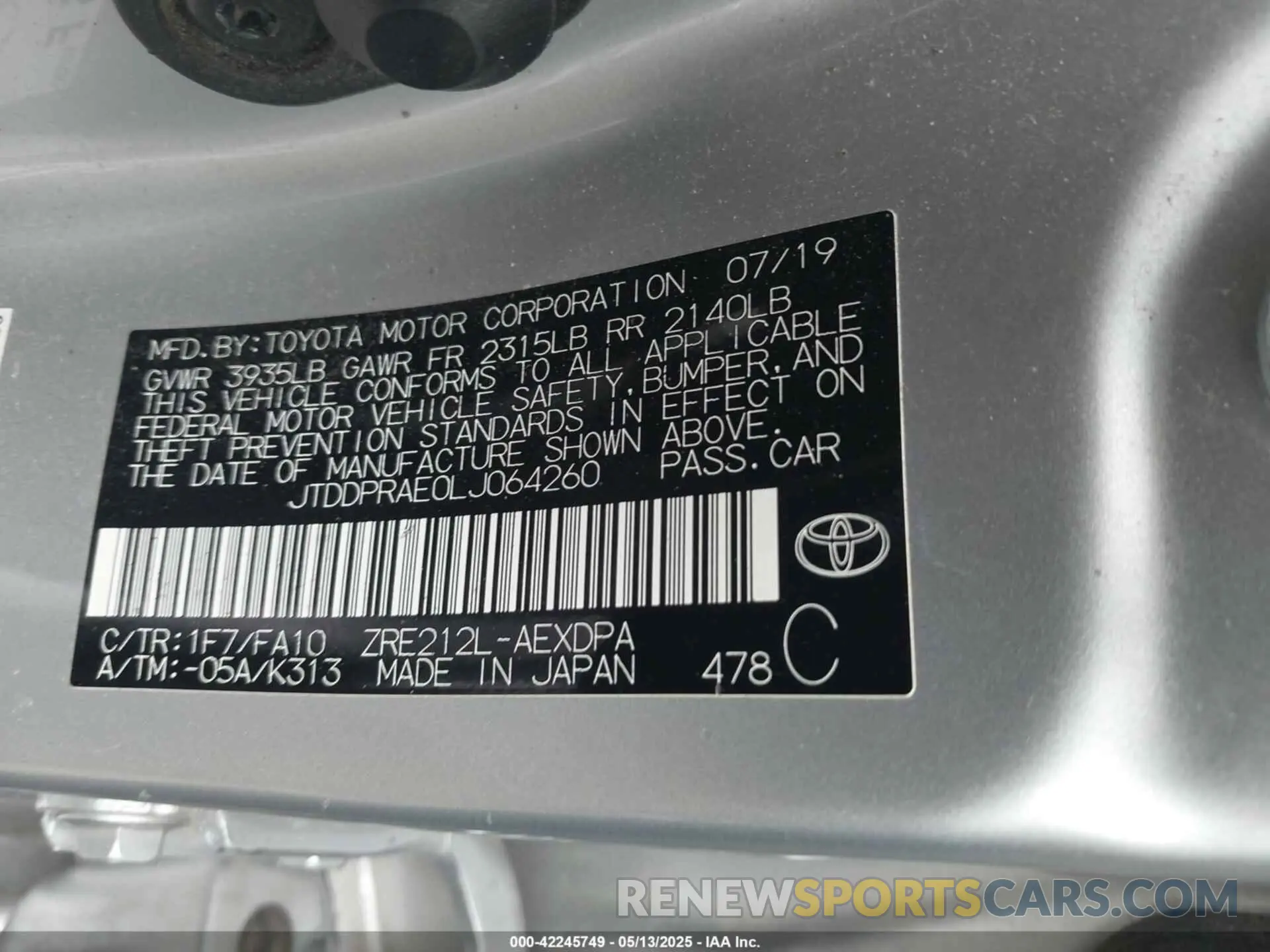 9 Фотография поврежденного автомобиля JTDDPRAE0LJ064260 TOYOTA COROLLA 2020