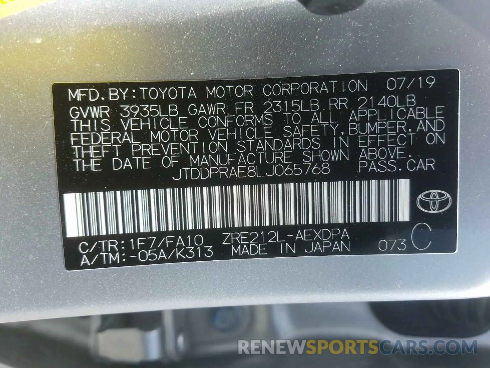 10 Photograph of a damaged car JTDDPRAE8LJ065768 TOYOTA COROLLA 2020