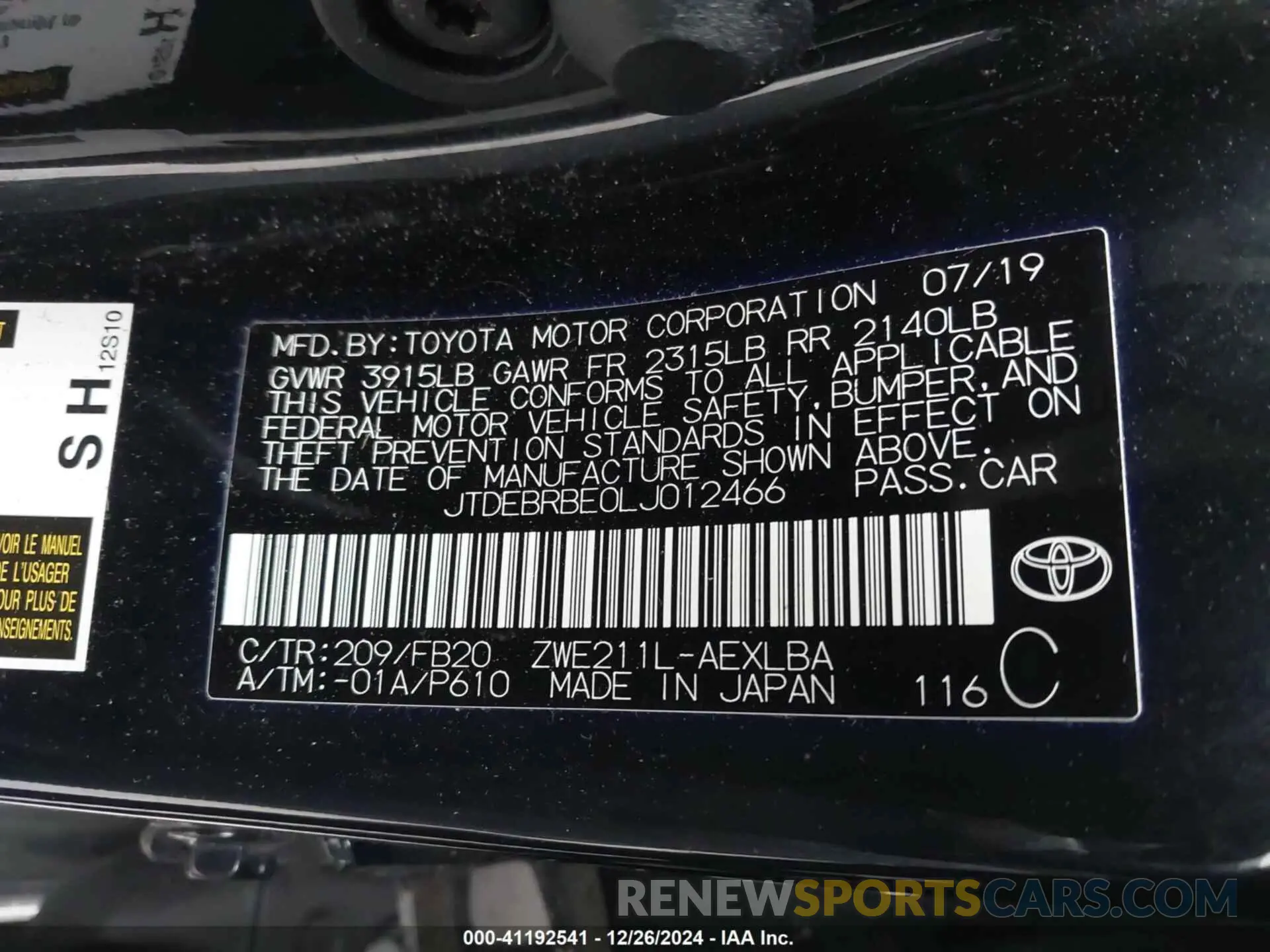 9 Фотография поврежденного автомобиля JTDEBRBE0LJ012466 TOYOTA COROLLA 2020