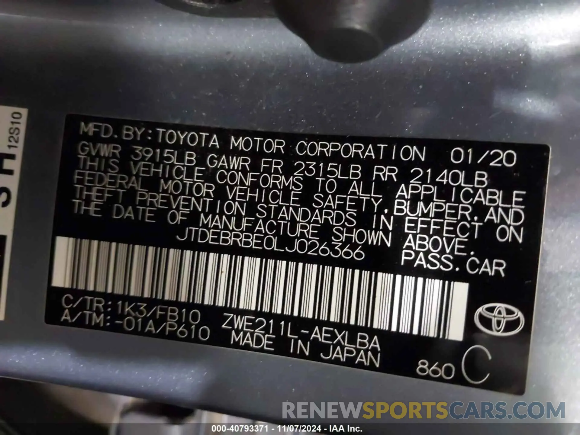 9 Фотография поврежденного автомобиля JTDEBRBE0LJ026366 TOYOTA COROLLA 2020