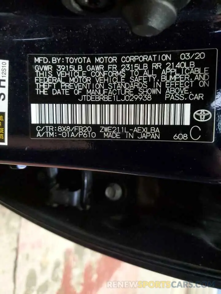 12 Photograph of a damaged car JTDEBRBE1LJ029938 TOYOTA COROLLA 2020