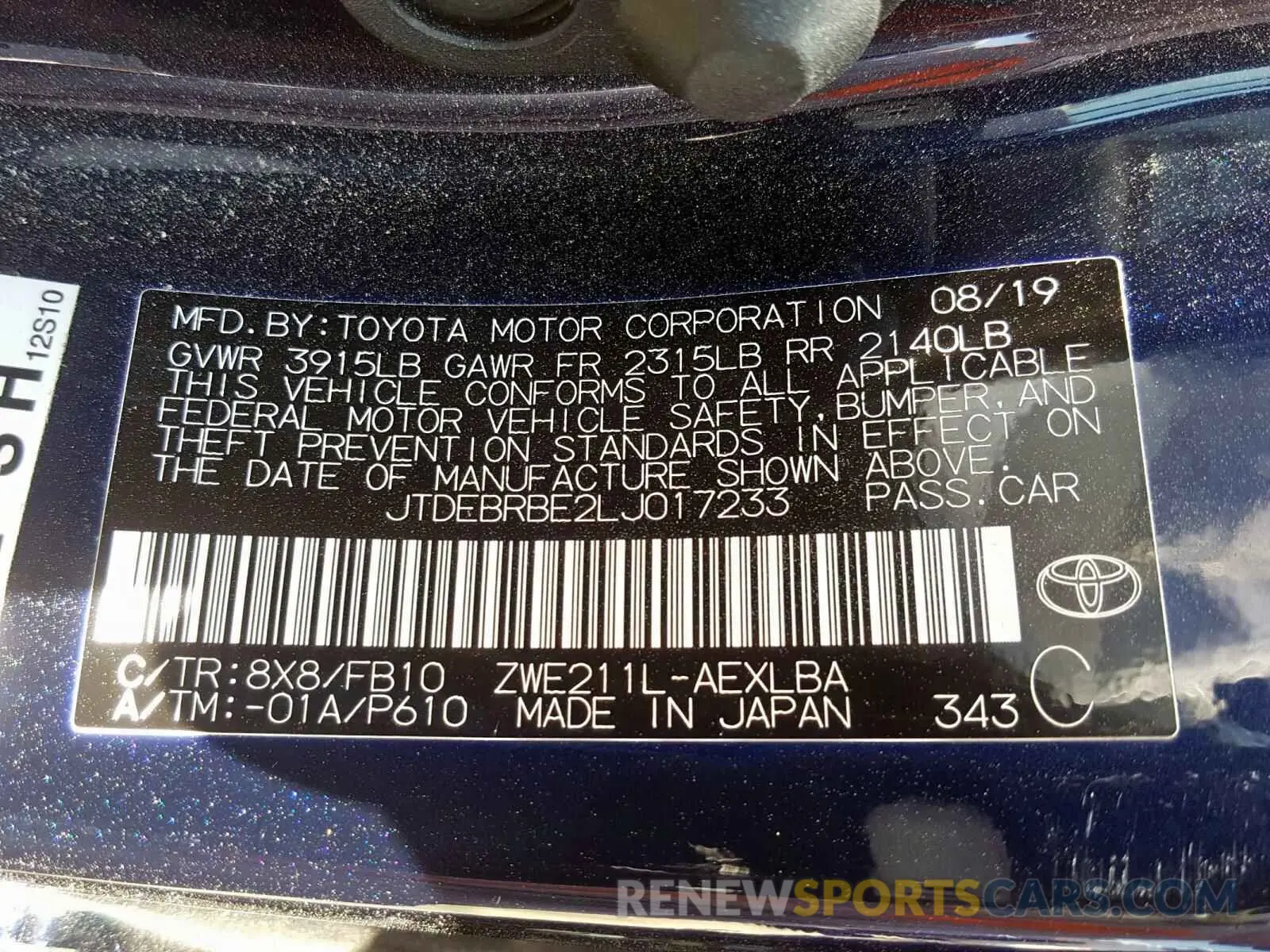 10 Photograph of a damaged car JTDEBRBE2LJ017233 TOYOTA COROLLA 2020