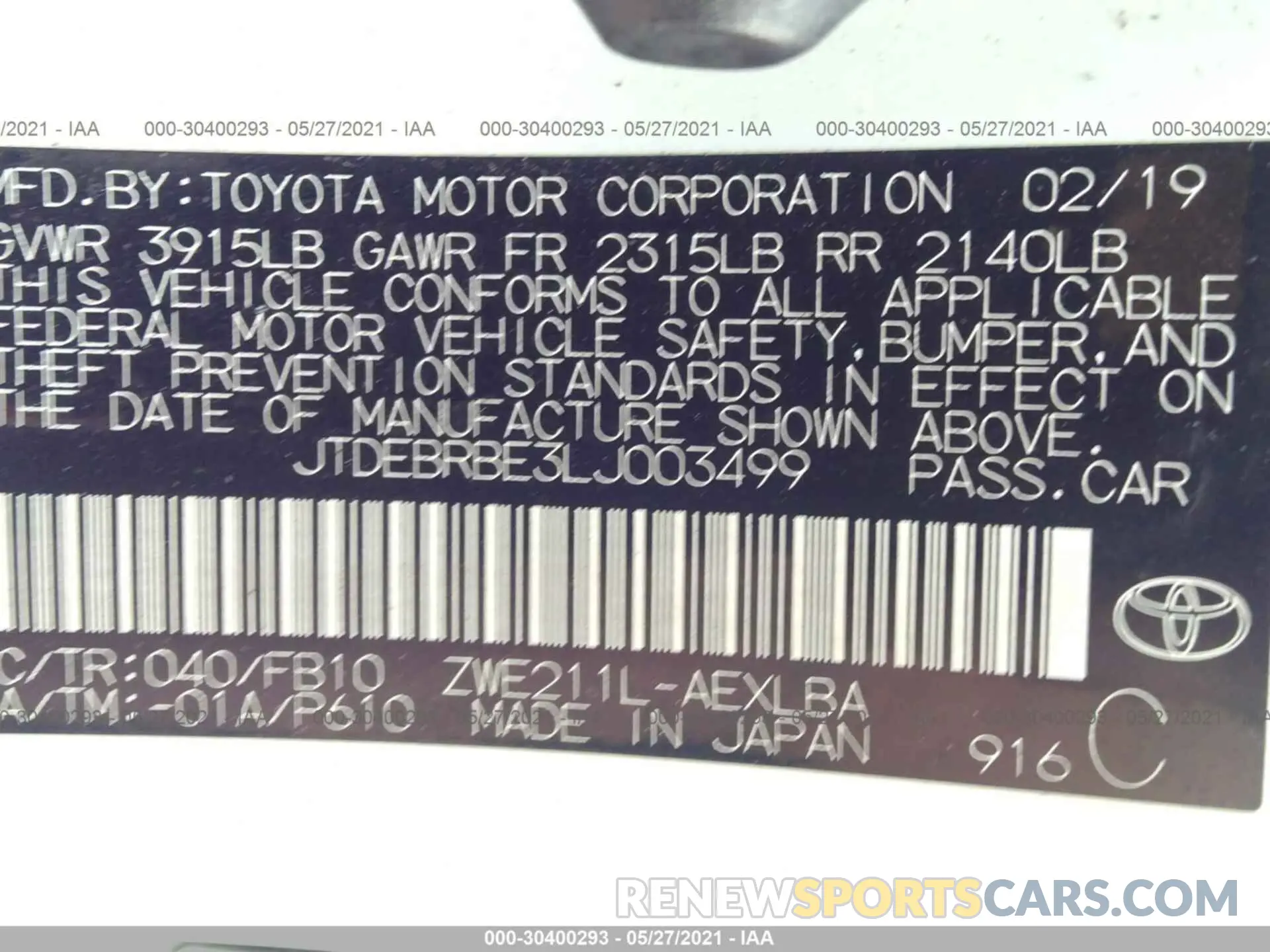 9 Photograph of a damaged car JTDEBRBE3LJ003499 TOYOTA COROLLA 2020