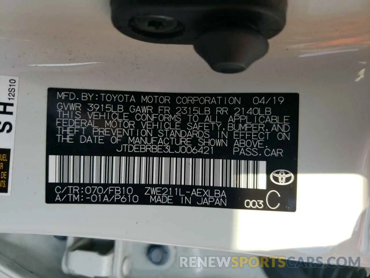 12 Фотография поврежденного автомобиля JTDEBRBE3LJ006421 TOYOTA COROLLA 2020