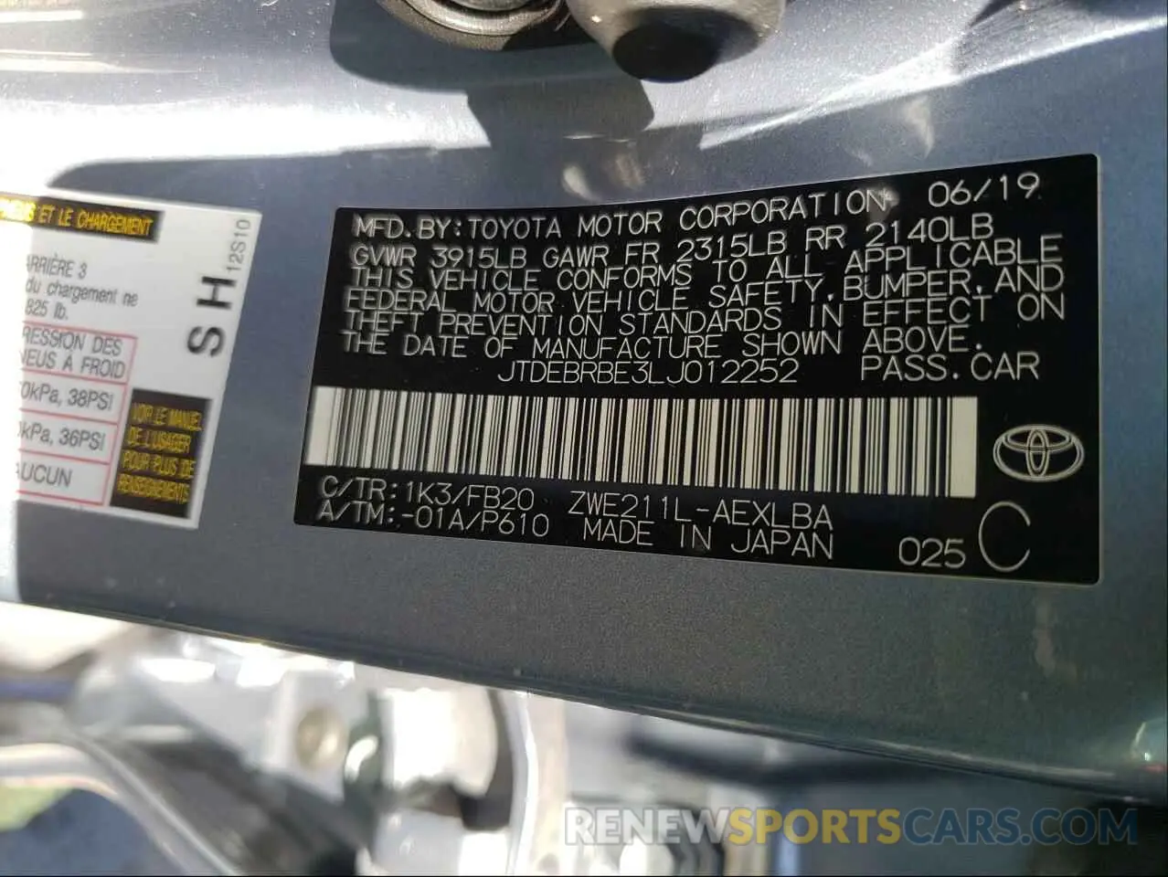 10 Фотография поврежденного автомобиля JTDEBRBE3LJ012252 TOYOTA COROLLA 2020