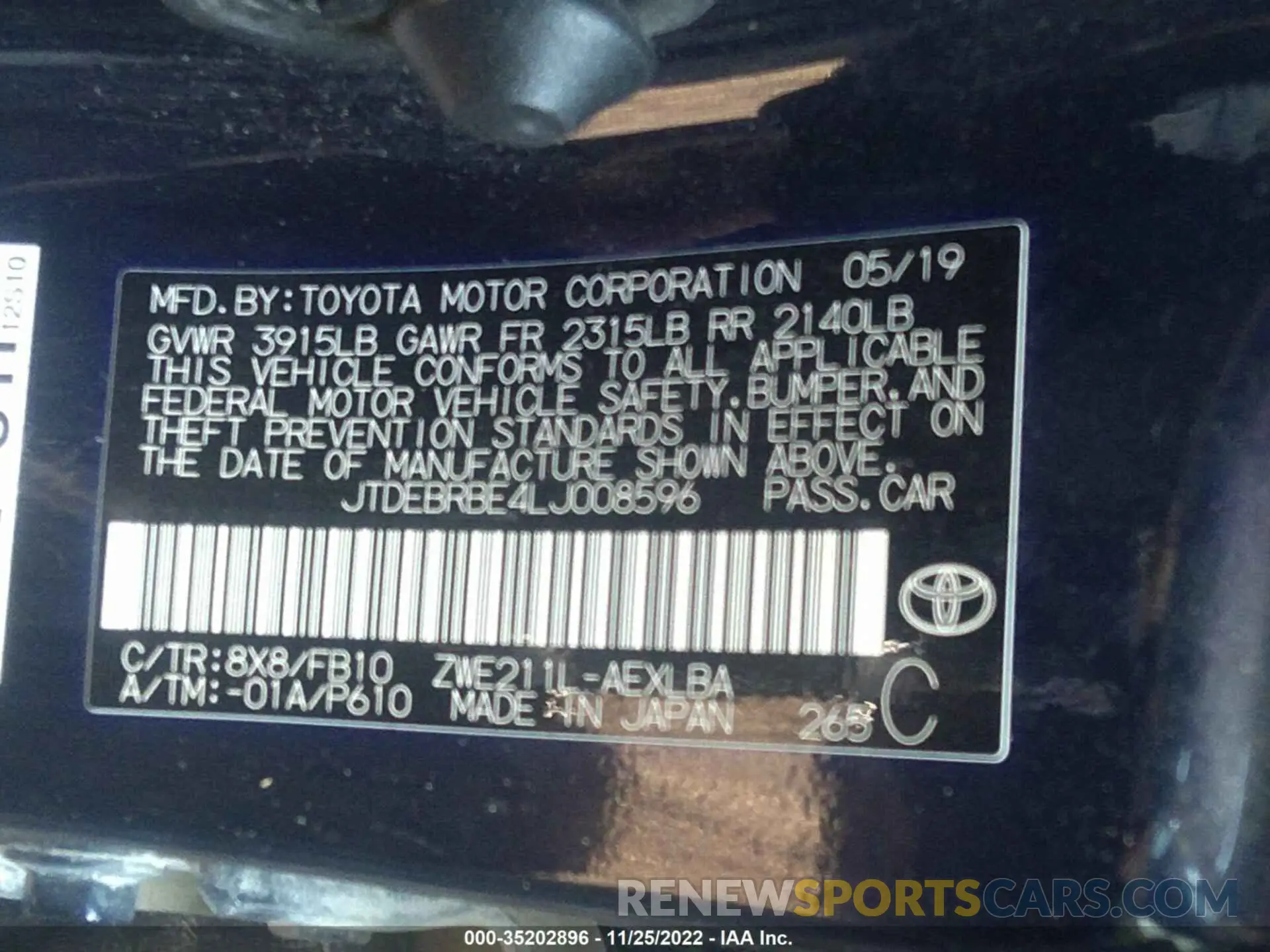 9 Photograph of a damaged car JTDEBRBE4LJ008596 TOYOTA COROLLA 2020